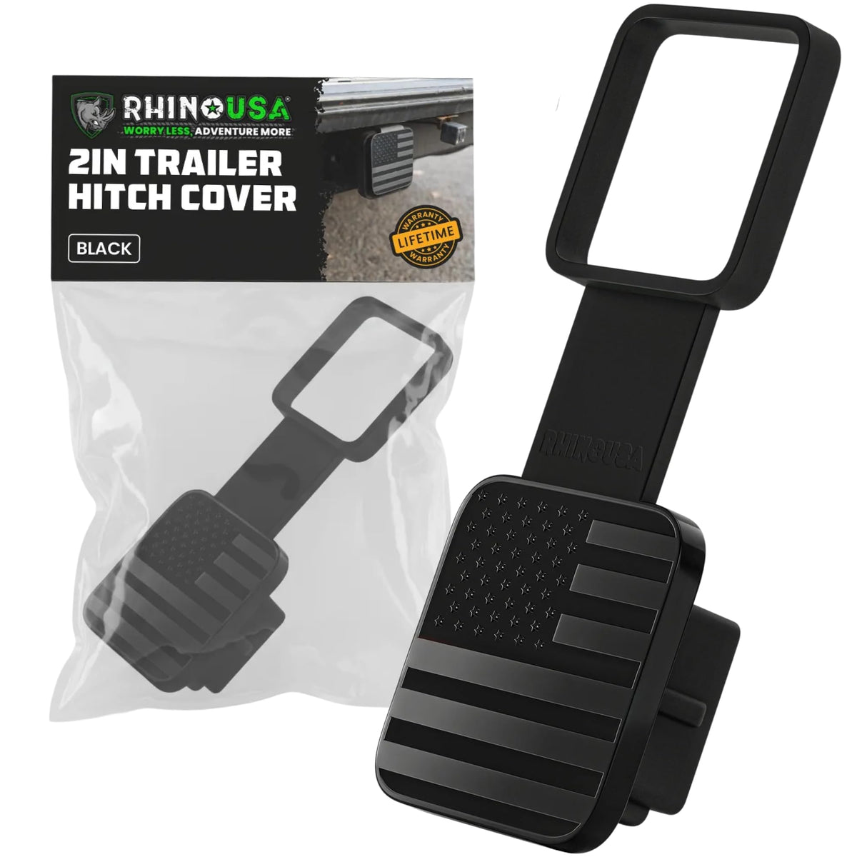 Rhino USA American Flag hitch cover in a 2-inch receiver protects against dust and debris