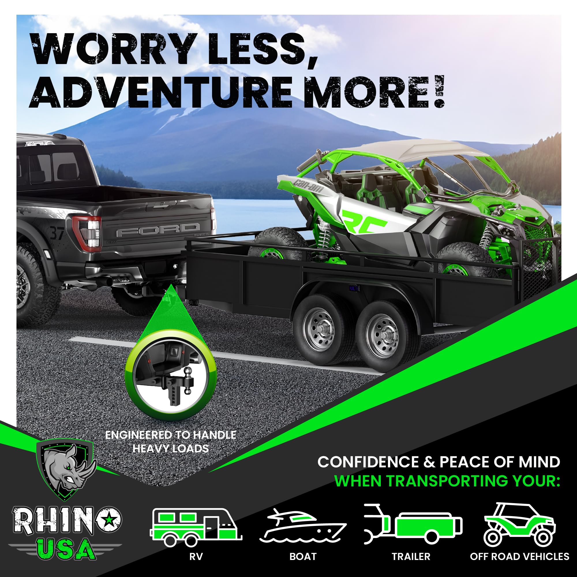 Rhino USA black weatherproof finish enhances durability across seasons.