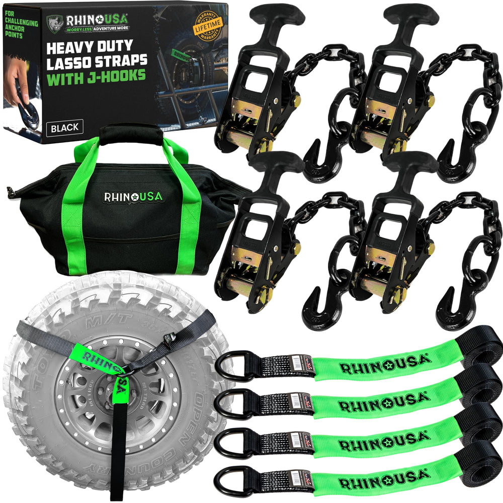 Rhino USA four-pack car tie down straps, 2x8 feet, for secure trailer loading.