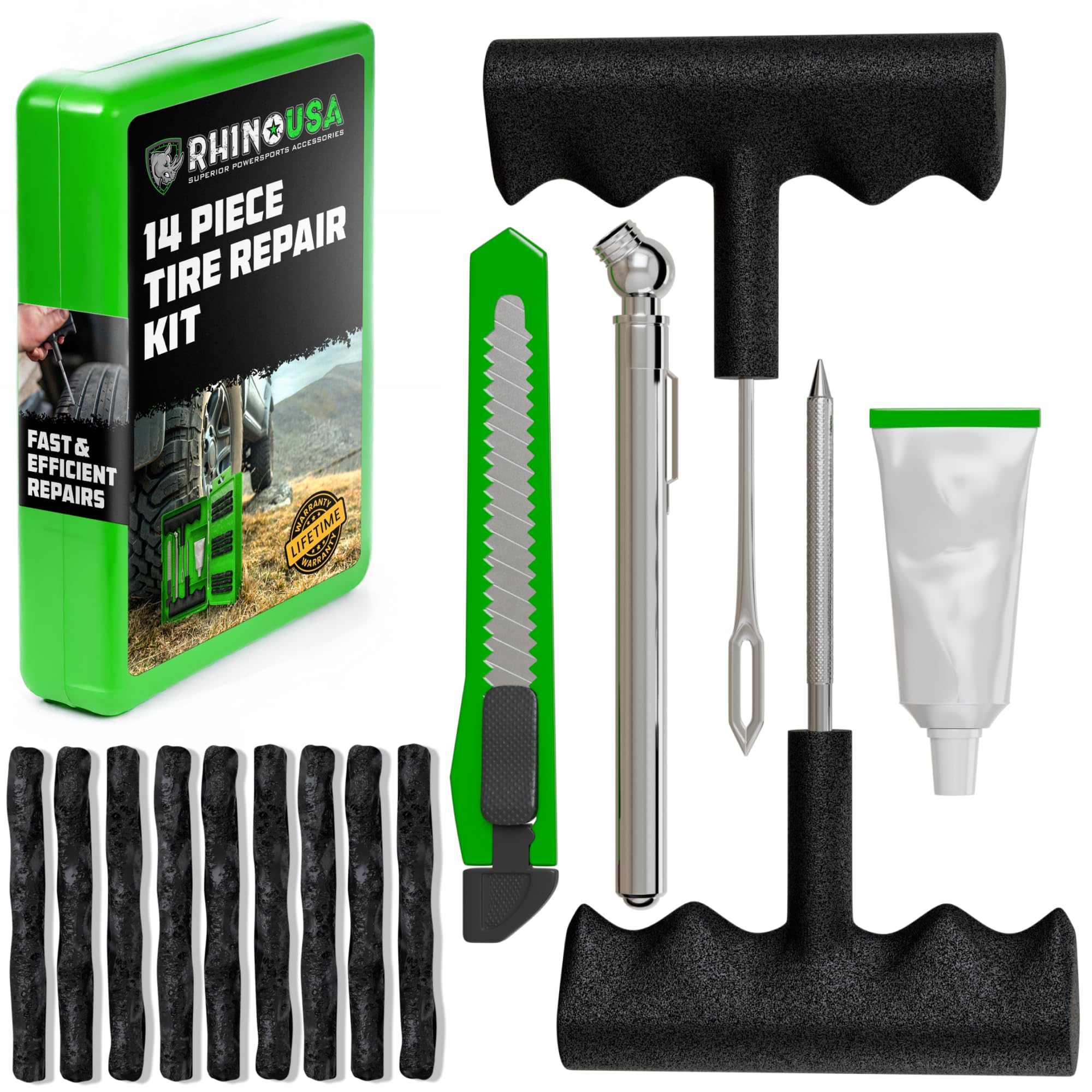 Rhino USA compact tire repair kit case ready for glove box storage and quick puncture fixes.