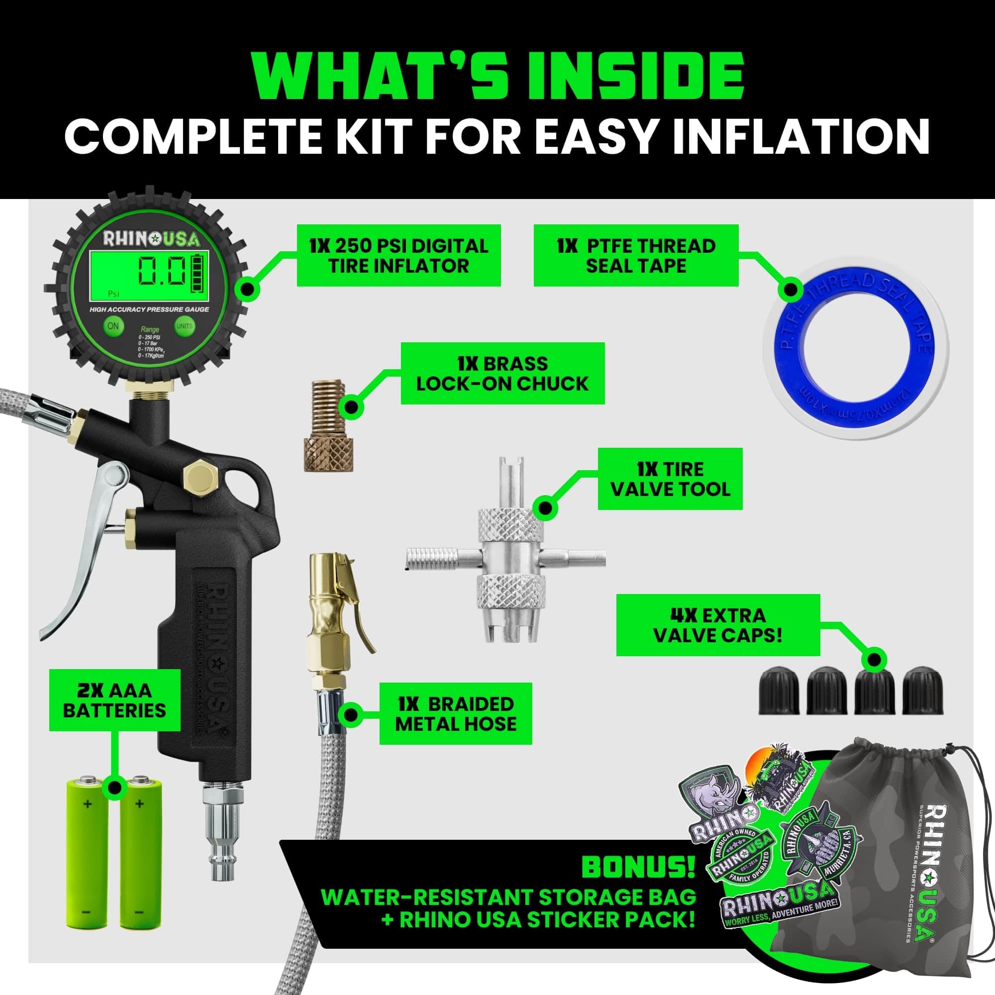 Rhino USA quarter-inch NPT compatibility extends usability with most air compressors.