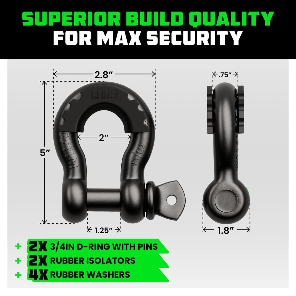 Rhino USA D Ring Shackles anti-rust powder-coated coating protects in all conditions.
