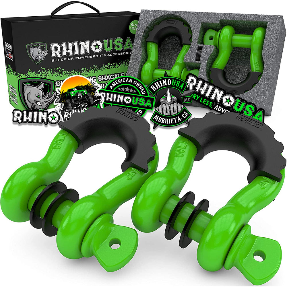 Rhino USA D Ring Shackles (green) ready for towing and recovery on rugged trails.