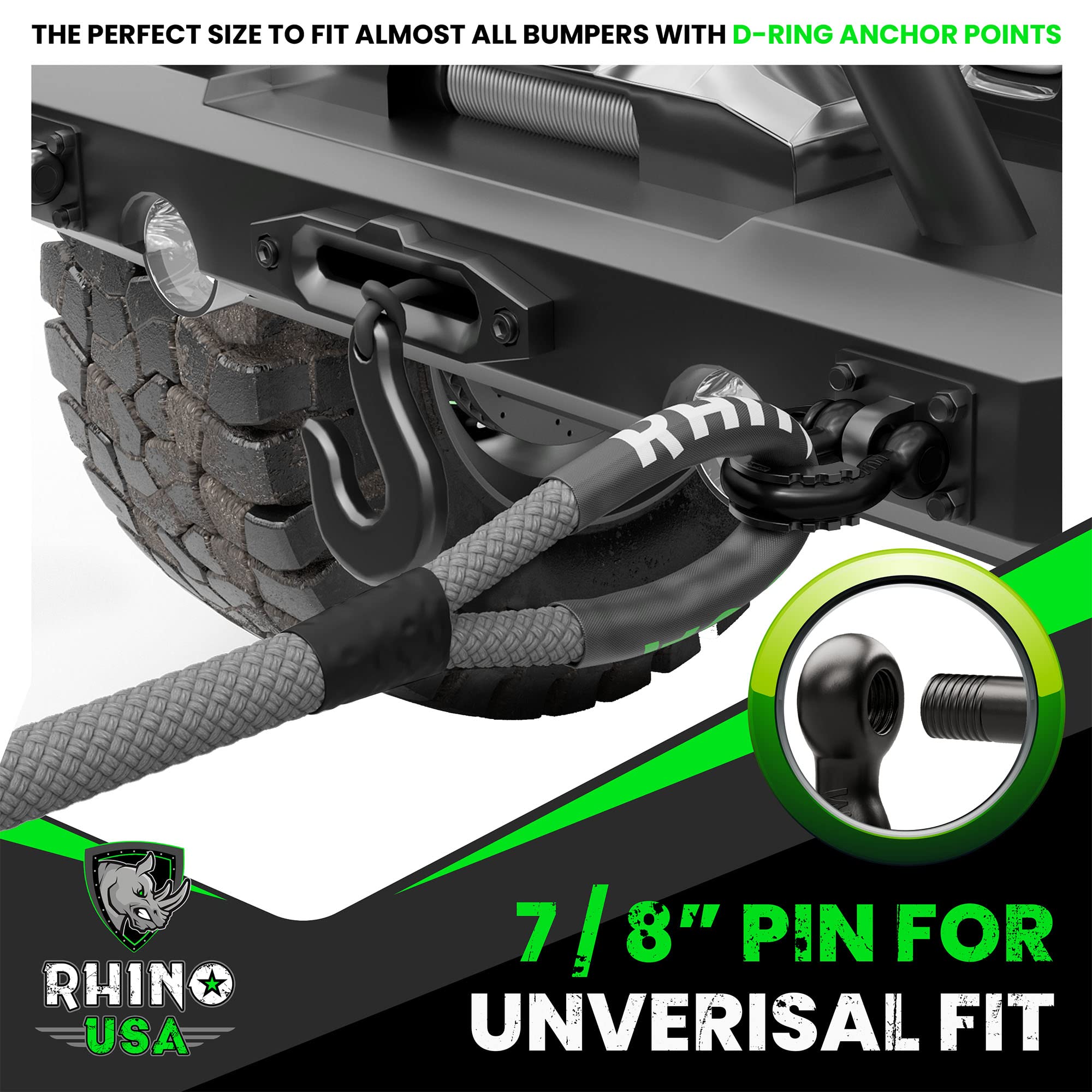Rhino USA D Ring Shackles in use during vehicle recovery on rough terrain.