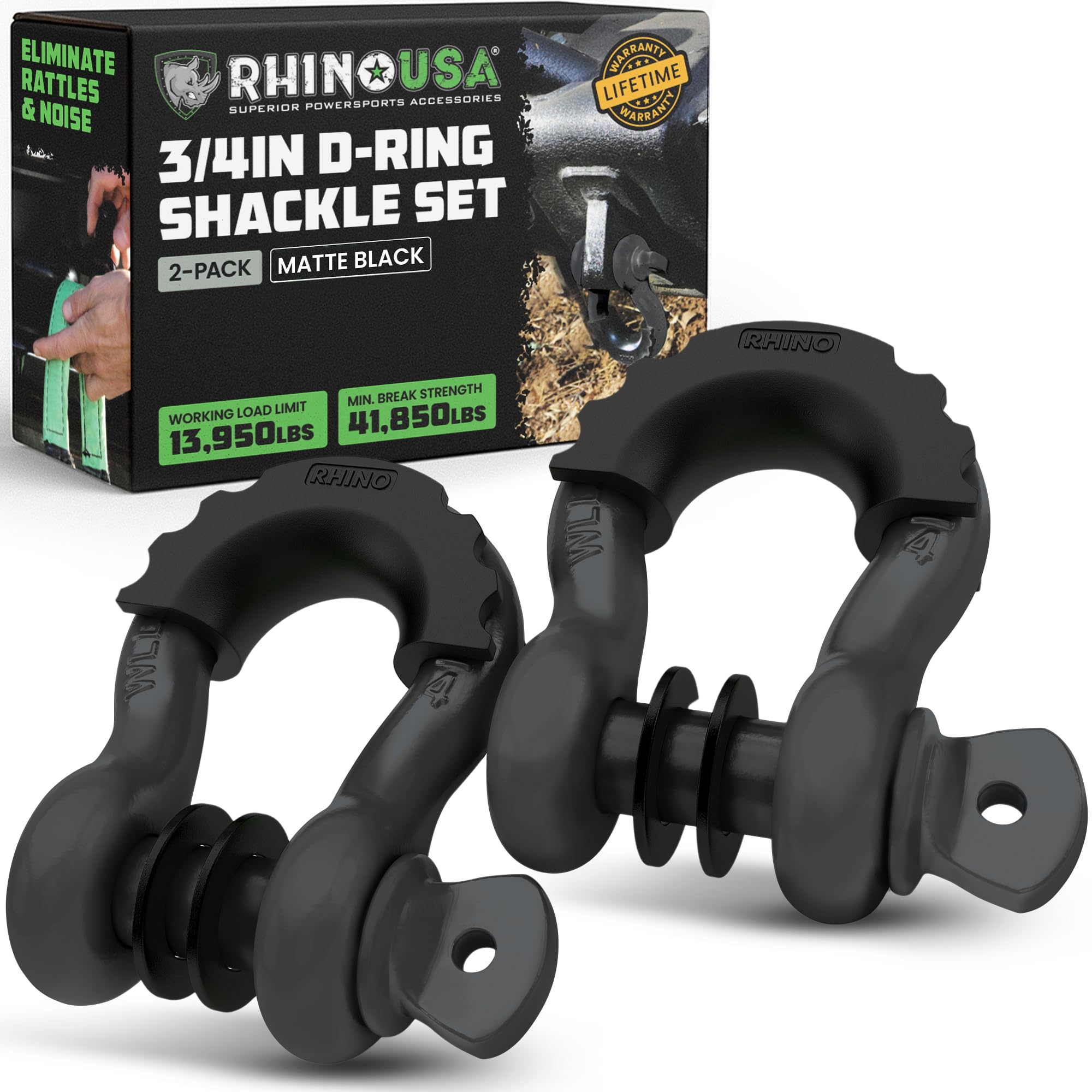 Rhino USA D Ring Shackle 2-Pack with matte finish, ideal for towing and off-road recovery.