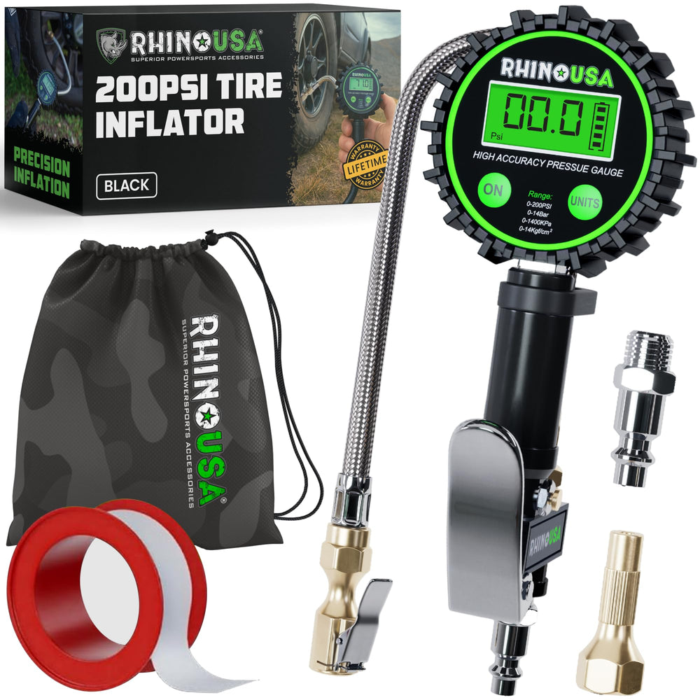 Rhino USA digital tire gauge inflator with 0-200 psi reads quickly in dim light