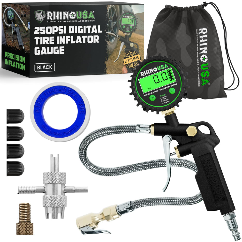 Rhino USA digital tire pressure gauge with inflator shows precise 0.1 psi resolution, angled view.