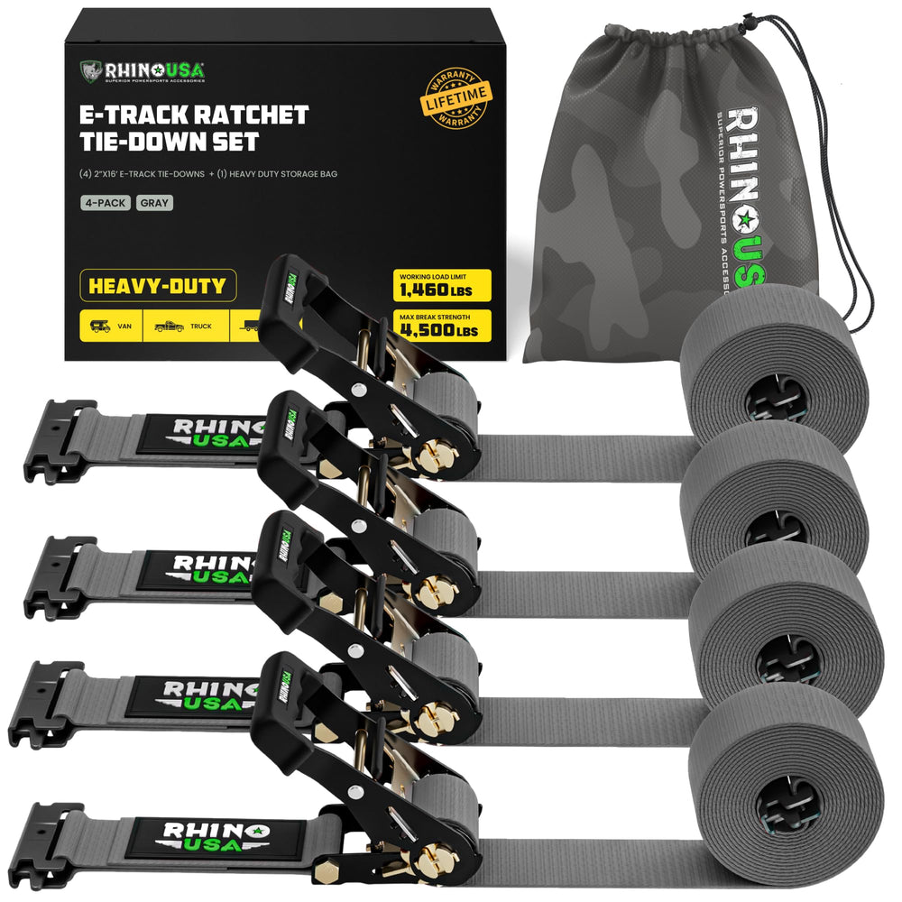 Rhino USA e-track ratchet tie-down strap at 4500lb with secure latch for trailers.
