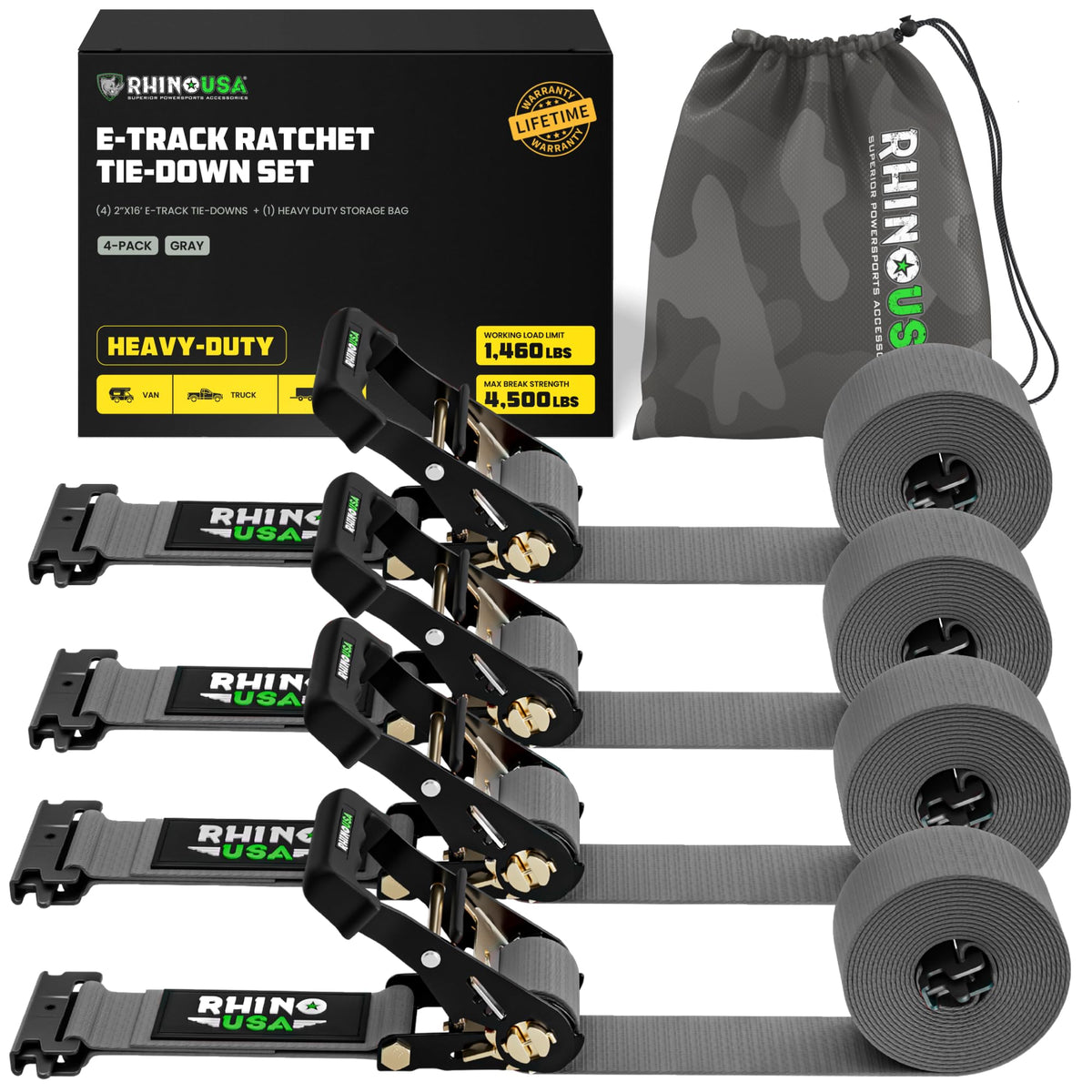 Rhino USA e-track ratchet tie-down strap at 4500lb with secure latch for trailers.