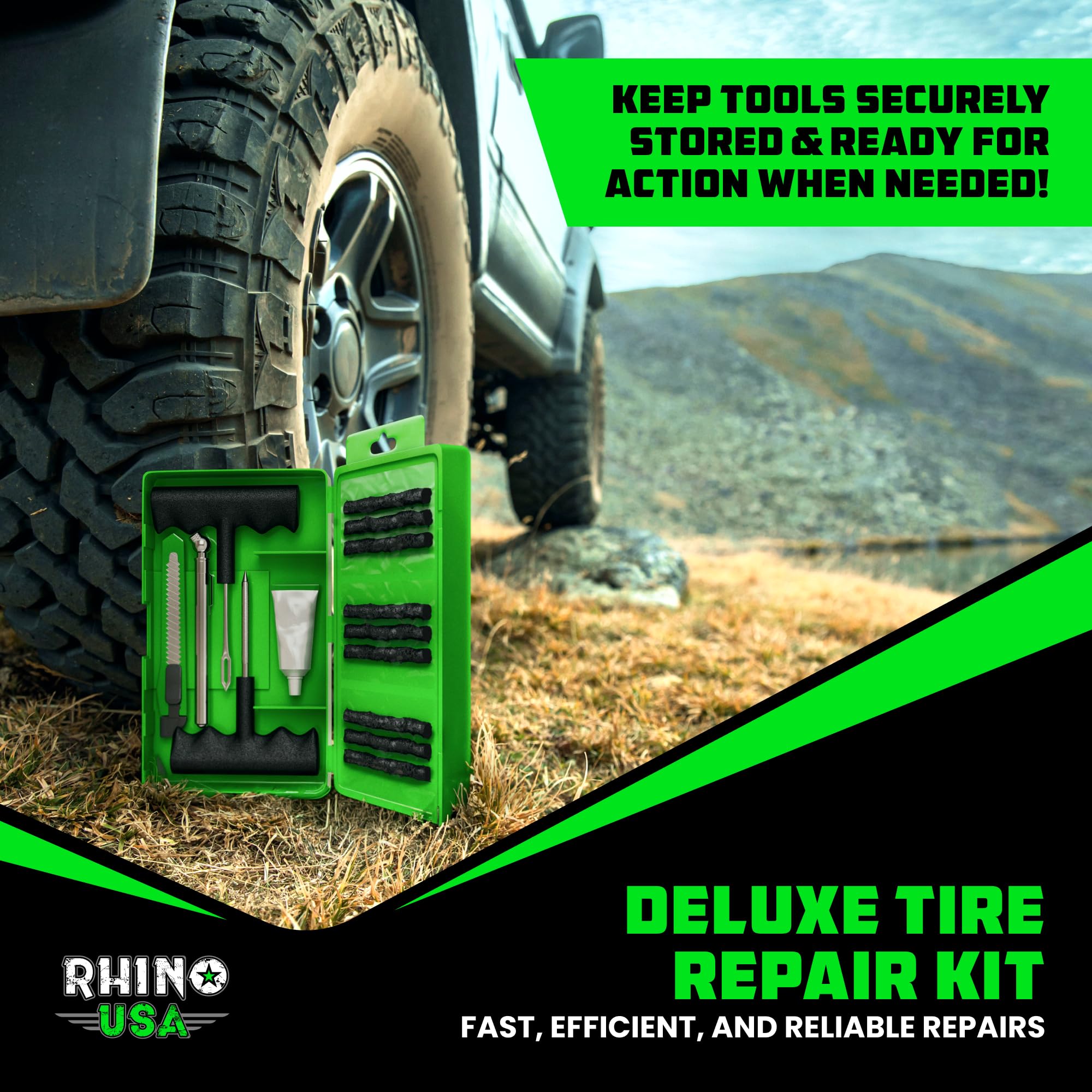 Rhino USA emergency repair kit for glove box storage and on-the-road use.