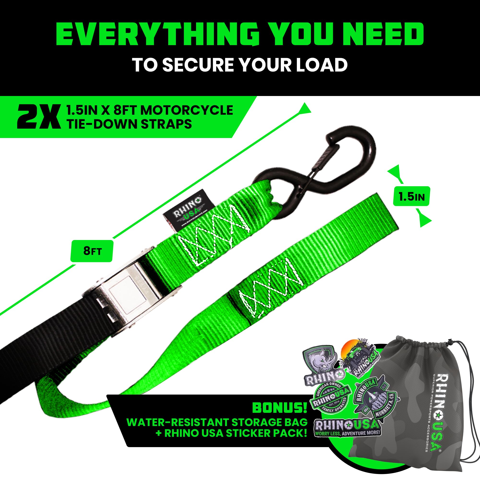 Rhino USA green handlebar setup with tiedown ready for secure mounting.