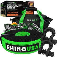 Rhino USA heavy-duty recovery strap in rugged terrain for off-road recovery.