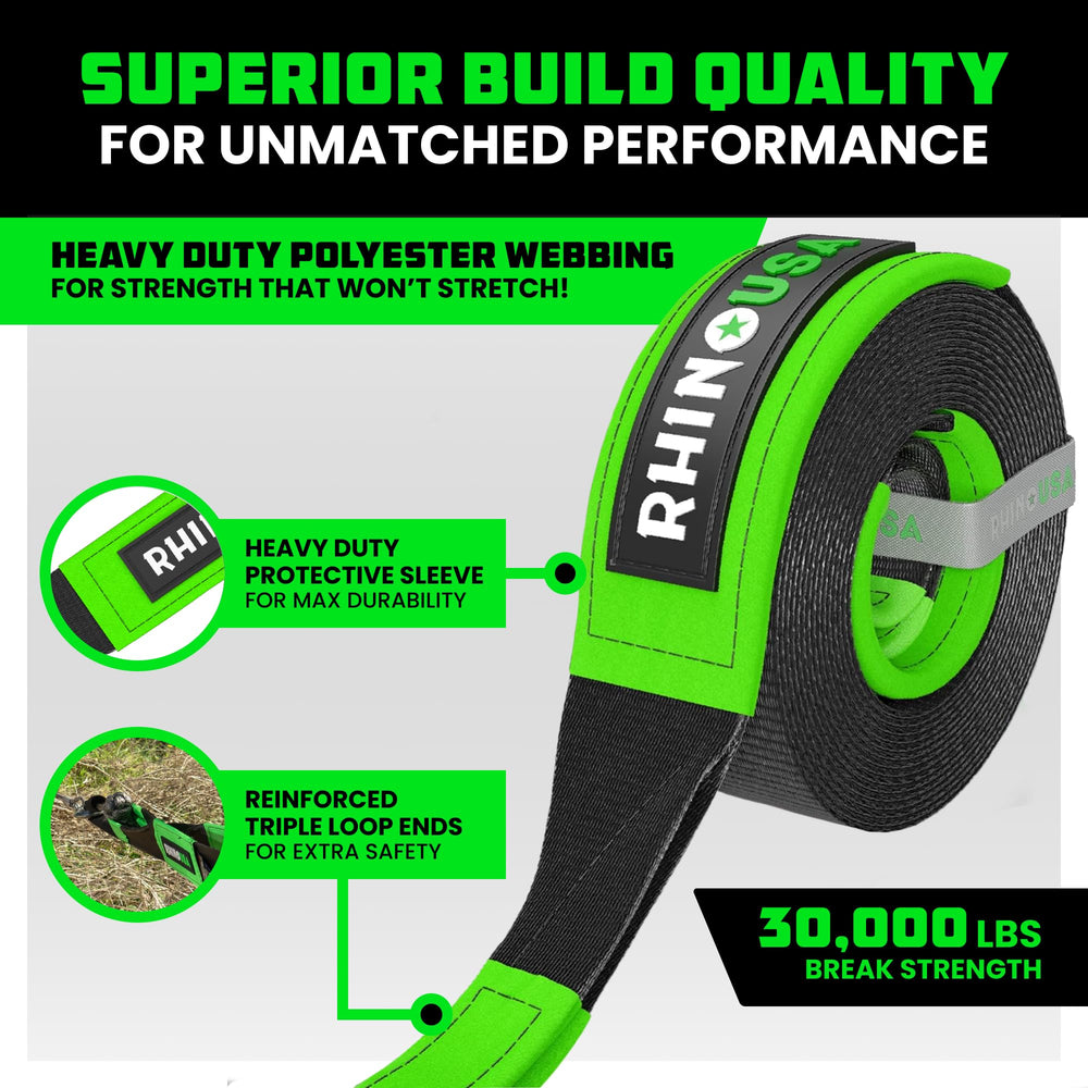 Heavy-duty tow strap with triple reinforced ends for durability.