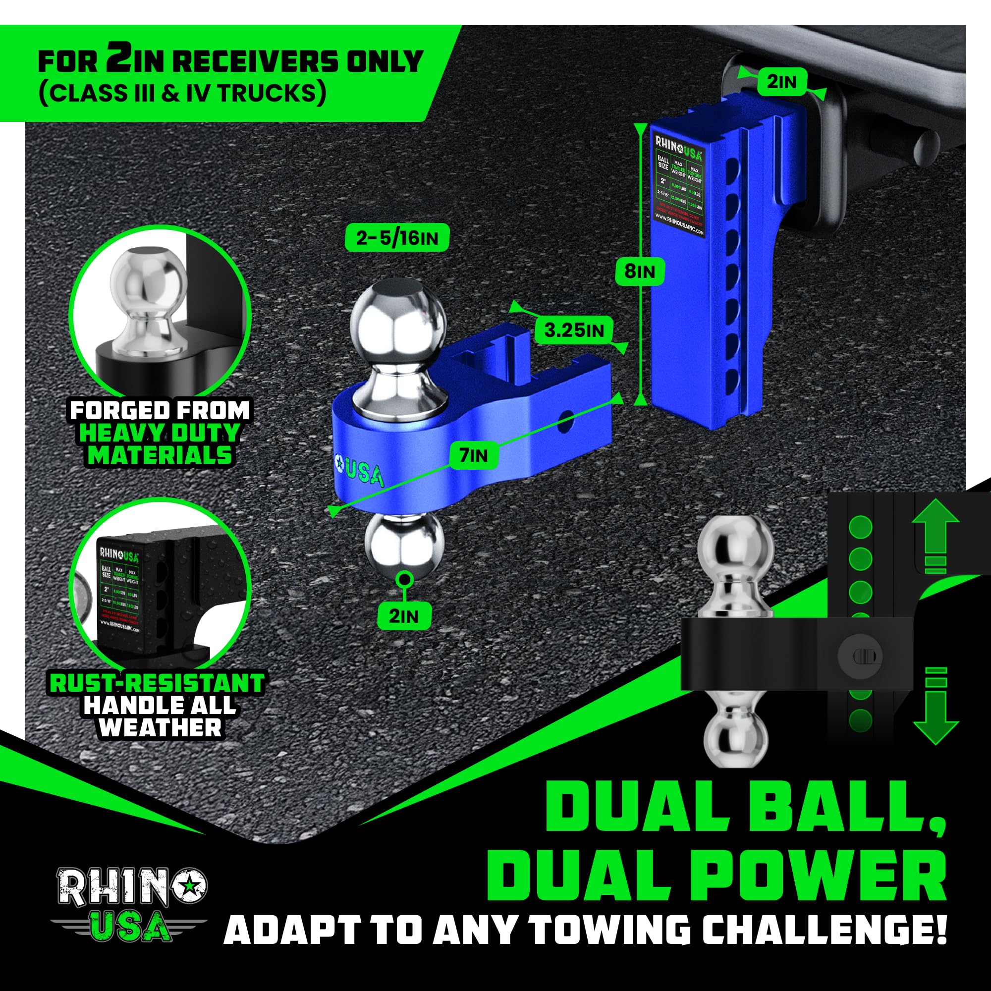 Reversible hitch ball enables 12,500 lb GTW towing capacity.