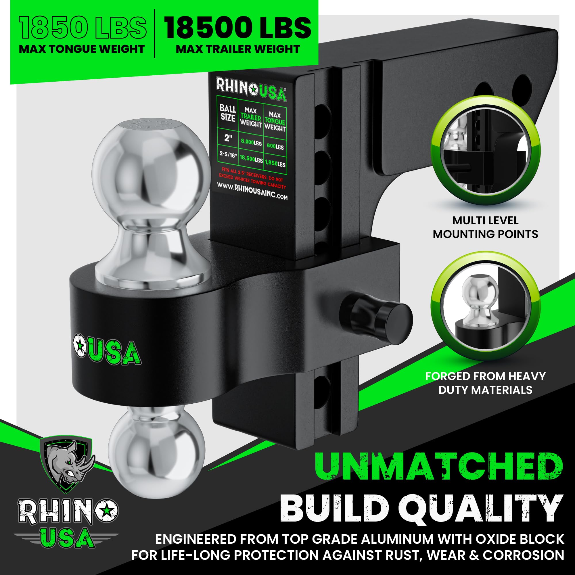 Rhino USA hitch with a 6-inch drop/rise for leveling taller trailers.