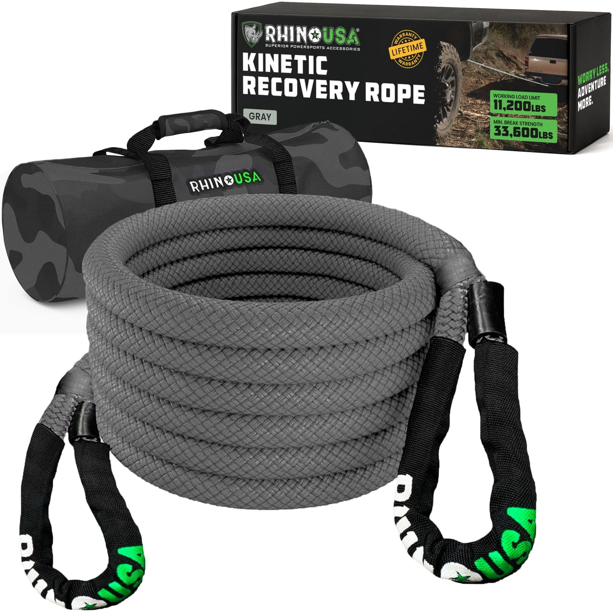 Rhino USA kinetic recovery tow rope close-up fiber highlights rugged strength for off-road recovery.