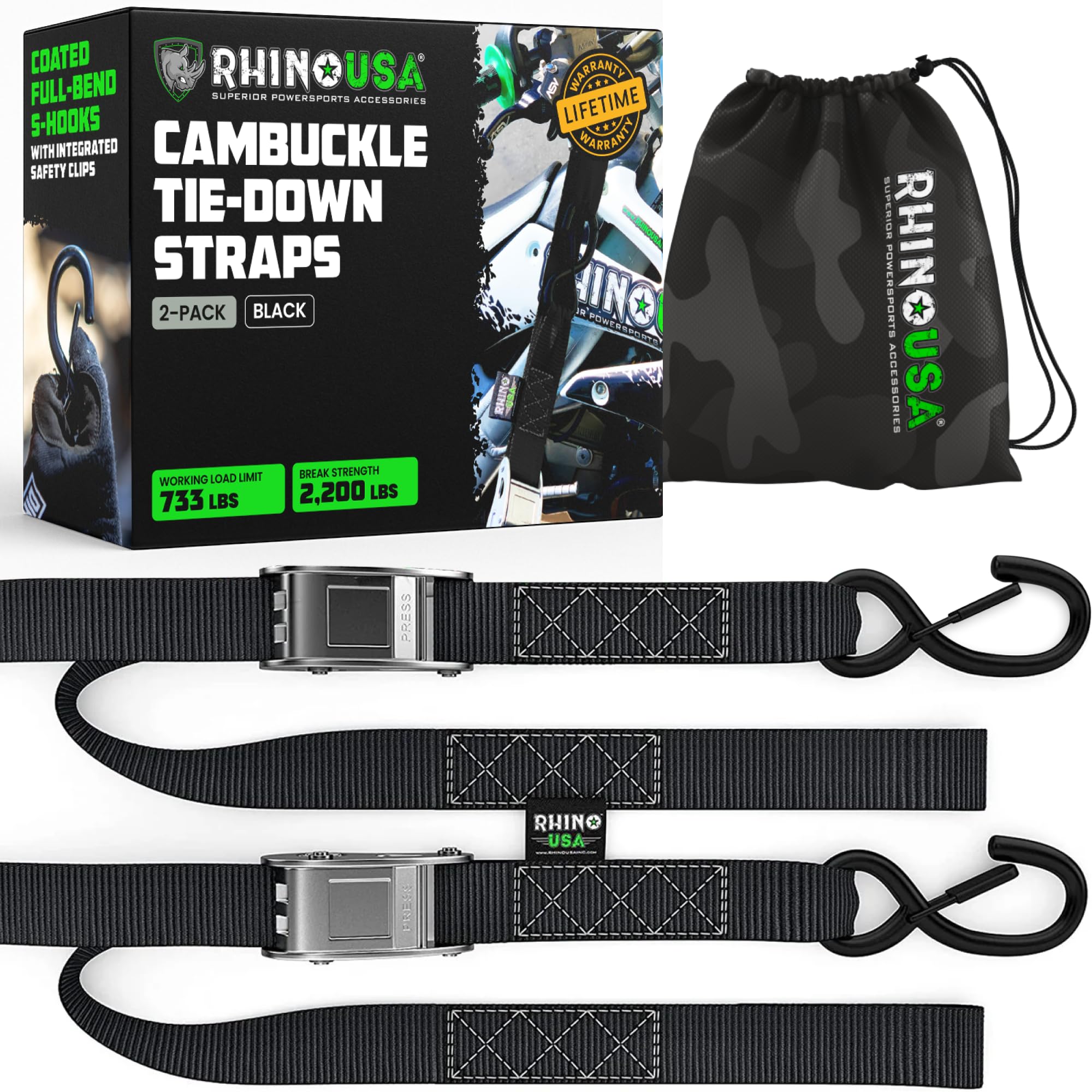 Rhino USA motorcycle tie down straps two-pack in black for secure bike transport