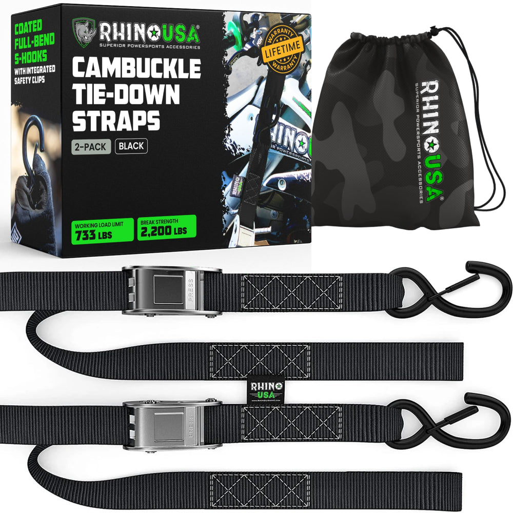 Rhino USA motorcycle tie down straps two-pack in black for secure bike transport