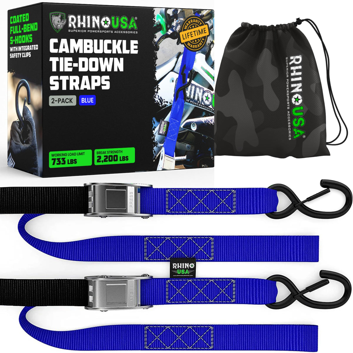 Rhino USA motorcycle tie down straps 2-pack, blue, easy securement for bikes