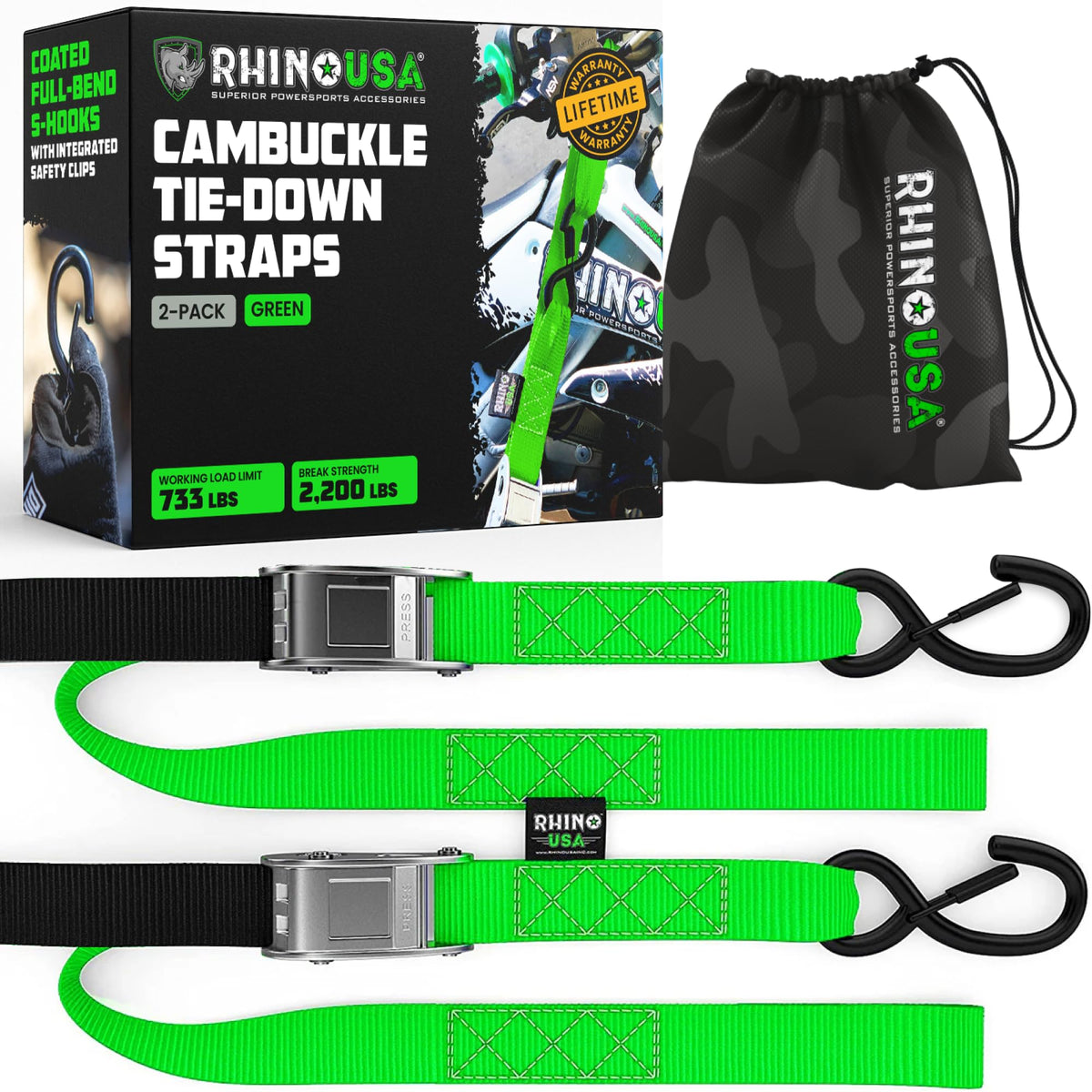 Rhino USA motorcycle tie-down straps two-pack on packaging, ready for secure bike transport.