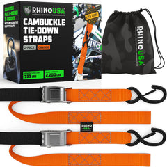 Rhino USA motorcycle tie-down straps 2-pack securely securing bikes during transport.