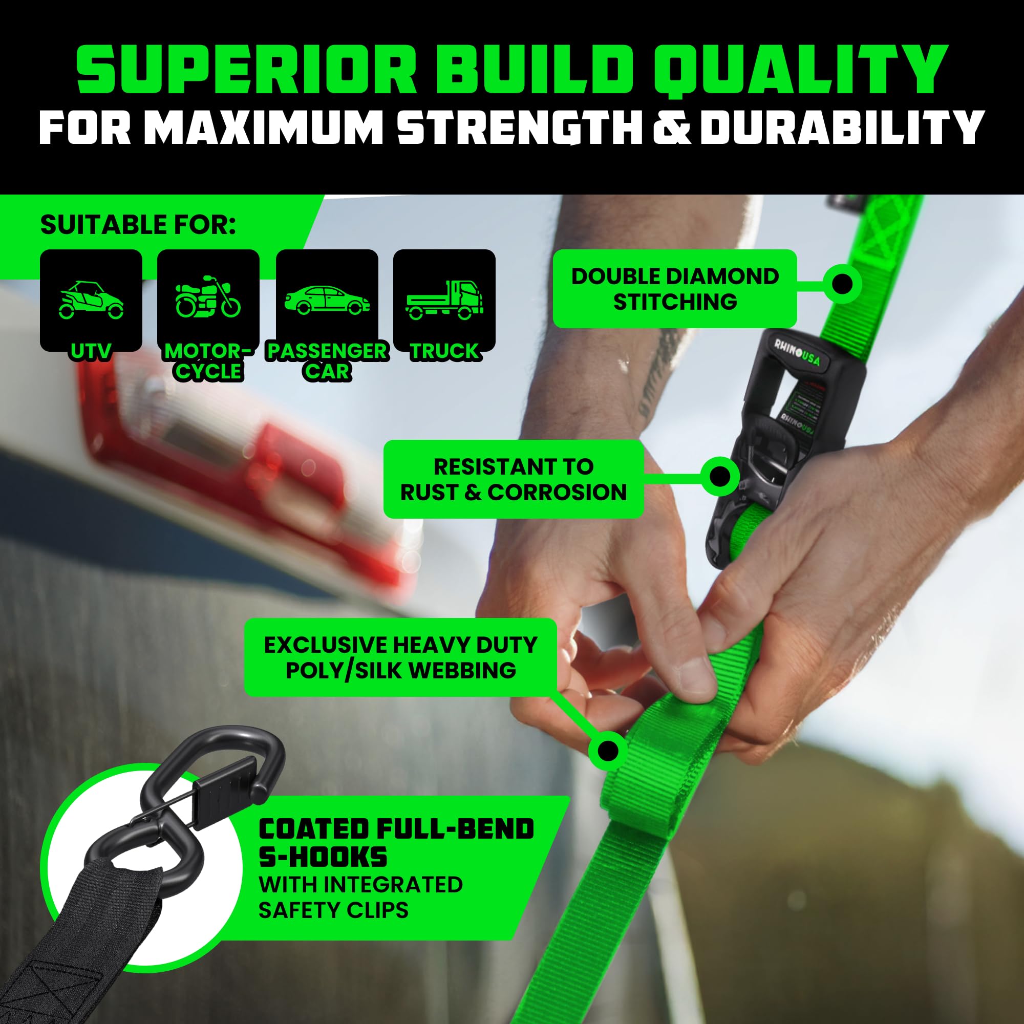 Rhino USA ratchet strap securing cargo on a truck bed