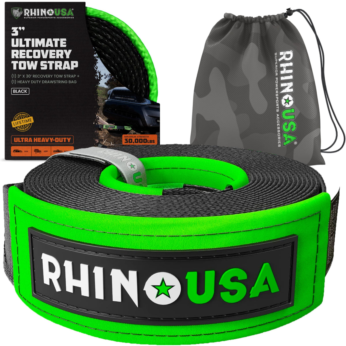 Rhino USA recovery tow strap 3x30 ready for heavy-duty vehicle recovery