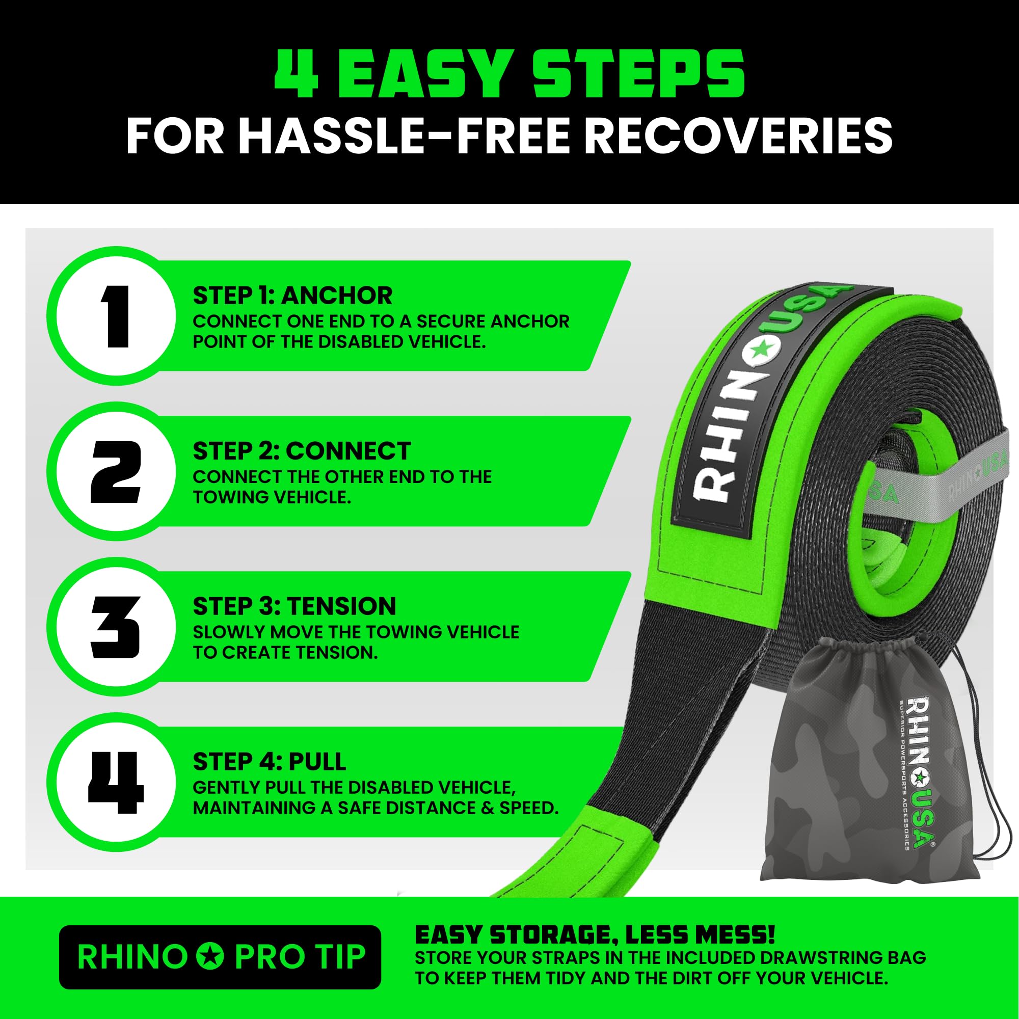 Rhino USA Recovery Tow Strap in-action shows quick coupling