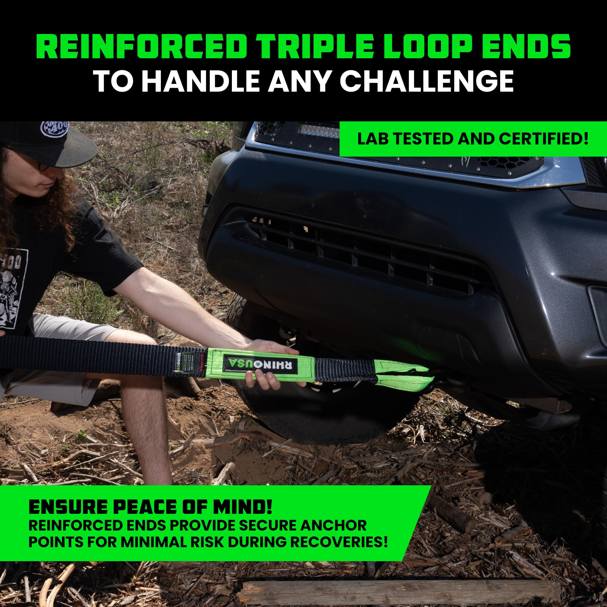 Rhino USA Recovery Tow Strap weather-resistant weave withstands rain and mud