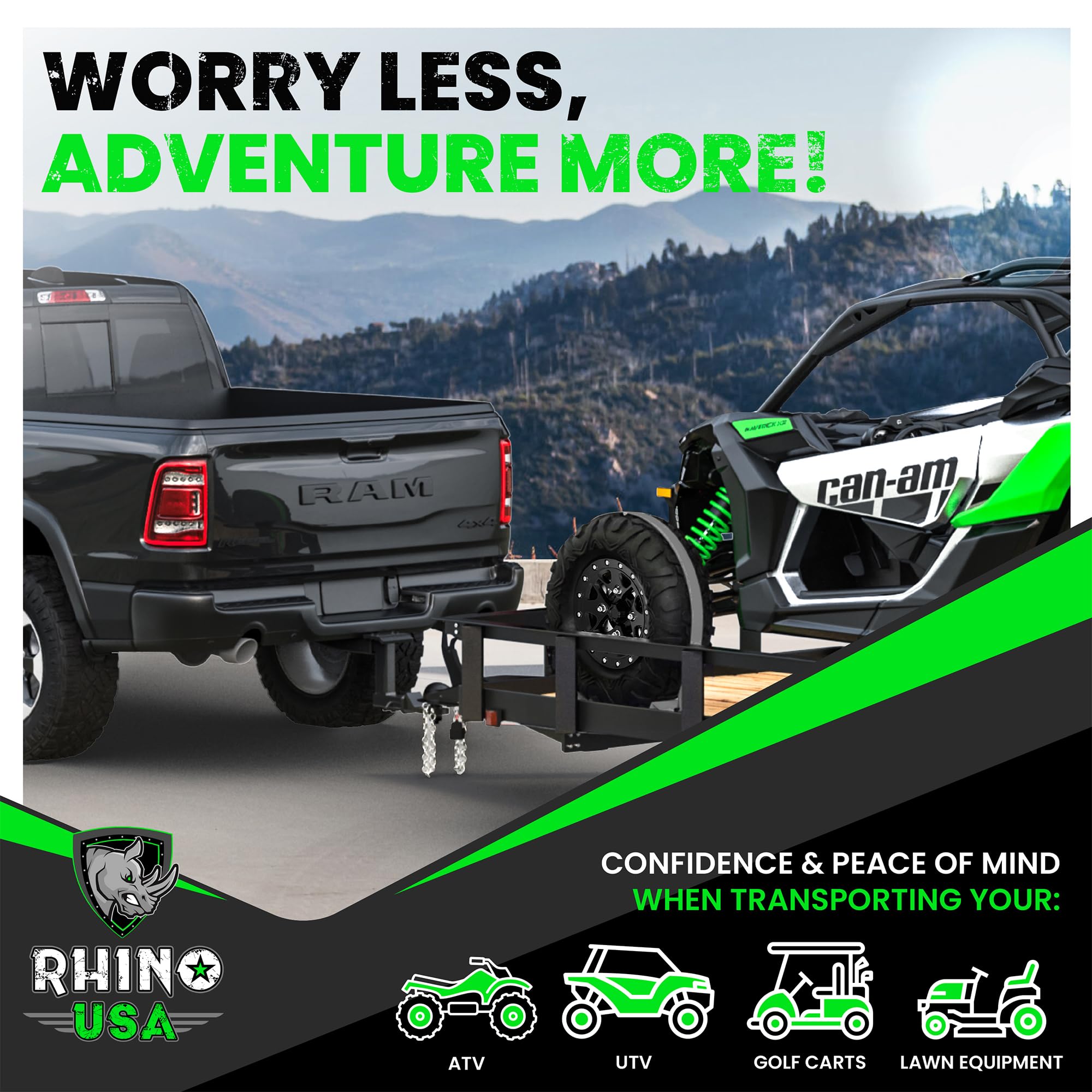 Rhino USA secure load setup on trailer, truck, or motorcycle transport.