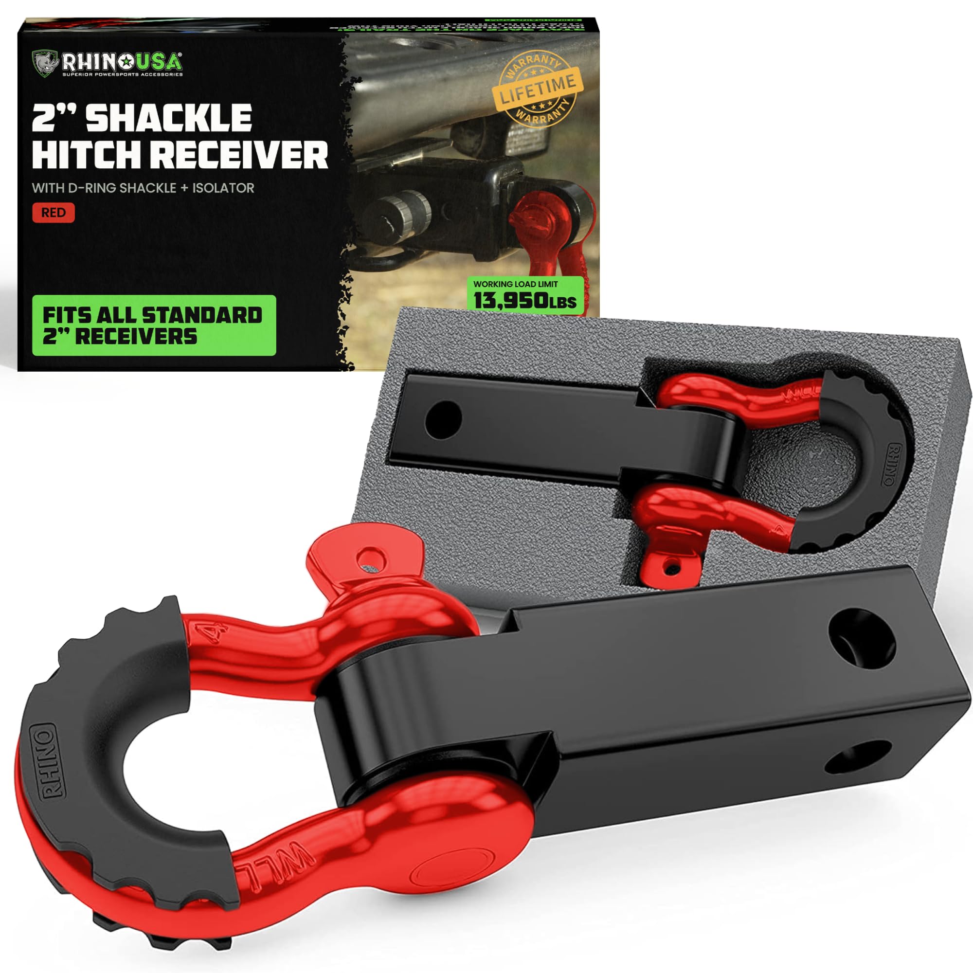 Rhino USA shackle hitch receiver installation on a 2-inch hitch enables quick setup.