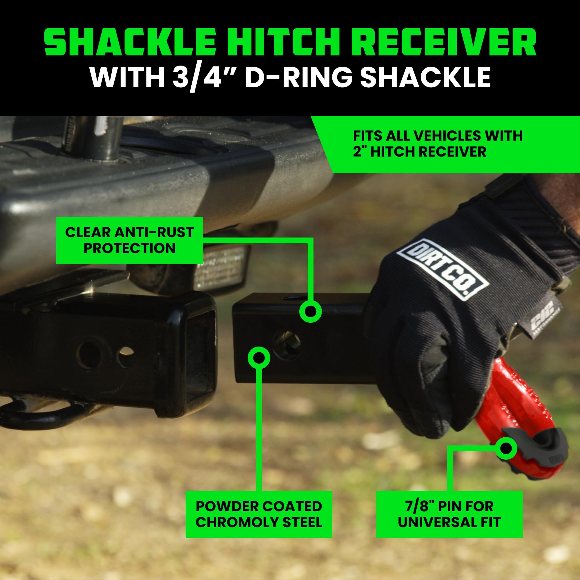 Rhino USA shackle hitch receiver mounted on a truck for rugged recovery potential.