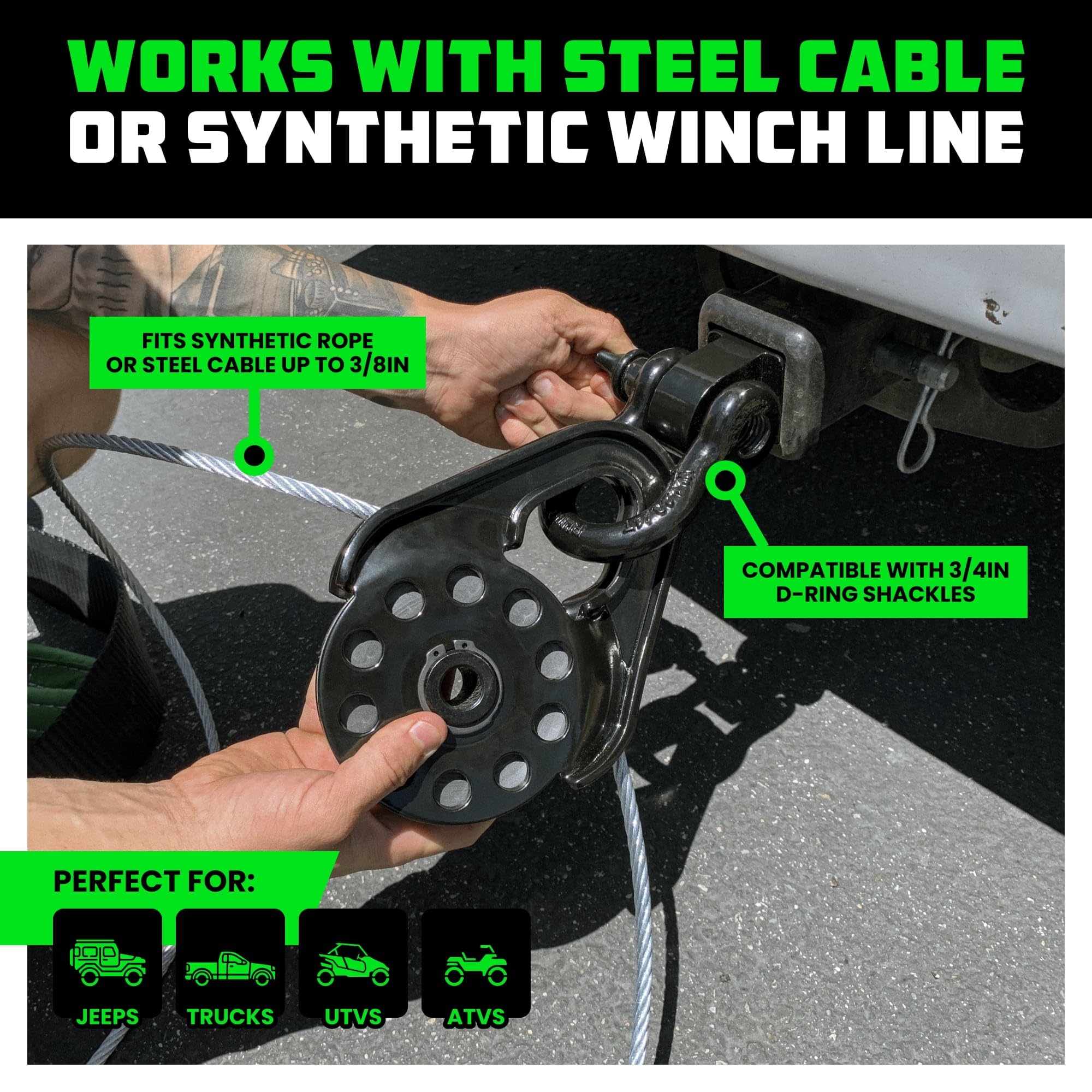 Rhino USA Snatch Block aerospace polymer pulley offers smooth operation.