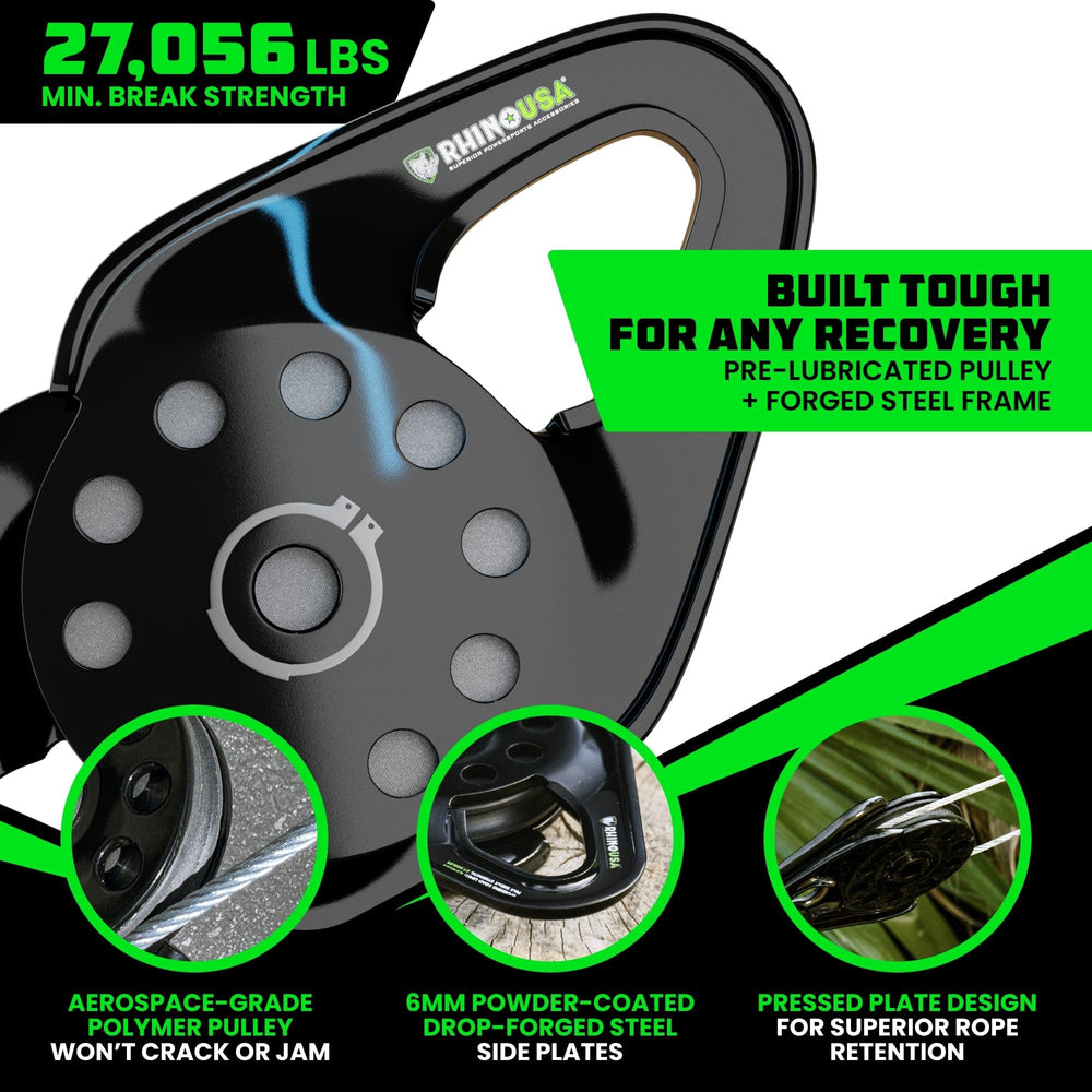 Rhino USA Snatch Block angled view highlights compact design for tight spaces.