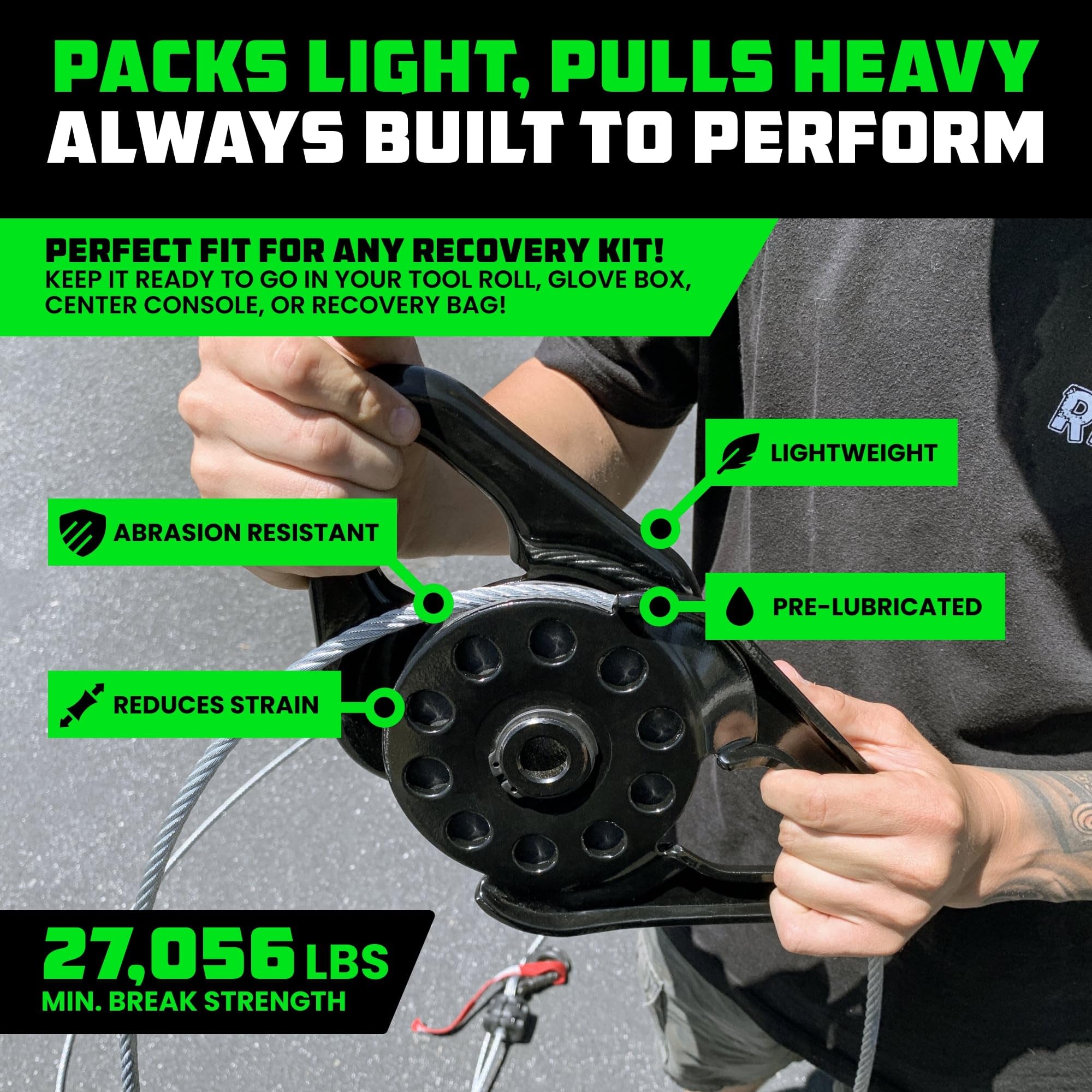 Rhino USA Snatch Block in offroad recovery setup enables controlled pulls.