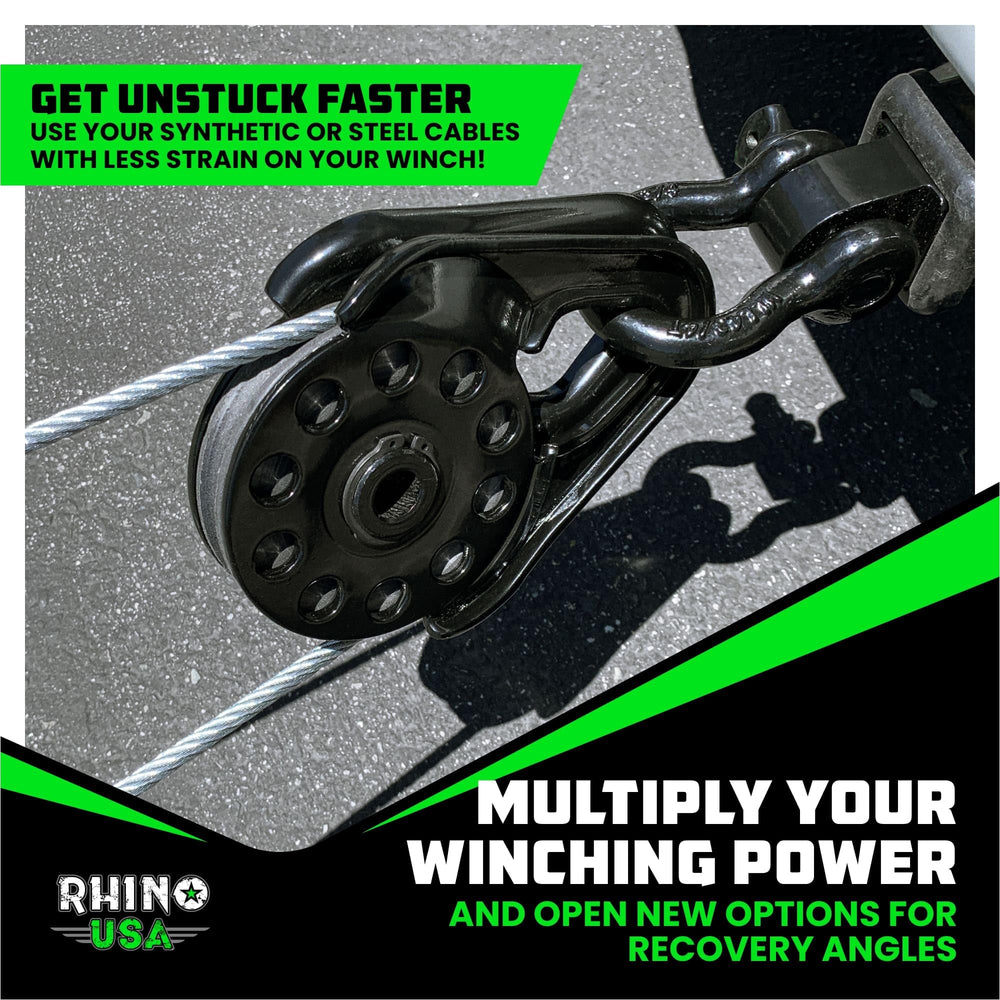 Rhino USA Snatch Block shows universal winch compatibility for rope or steel cable.