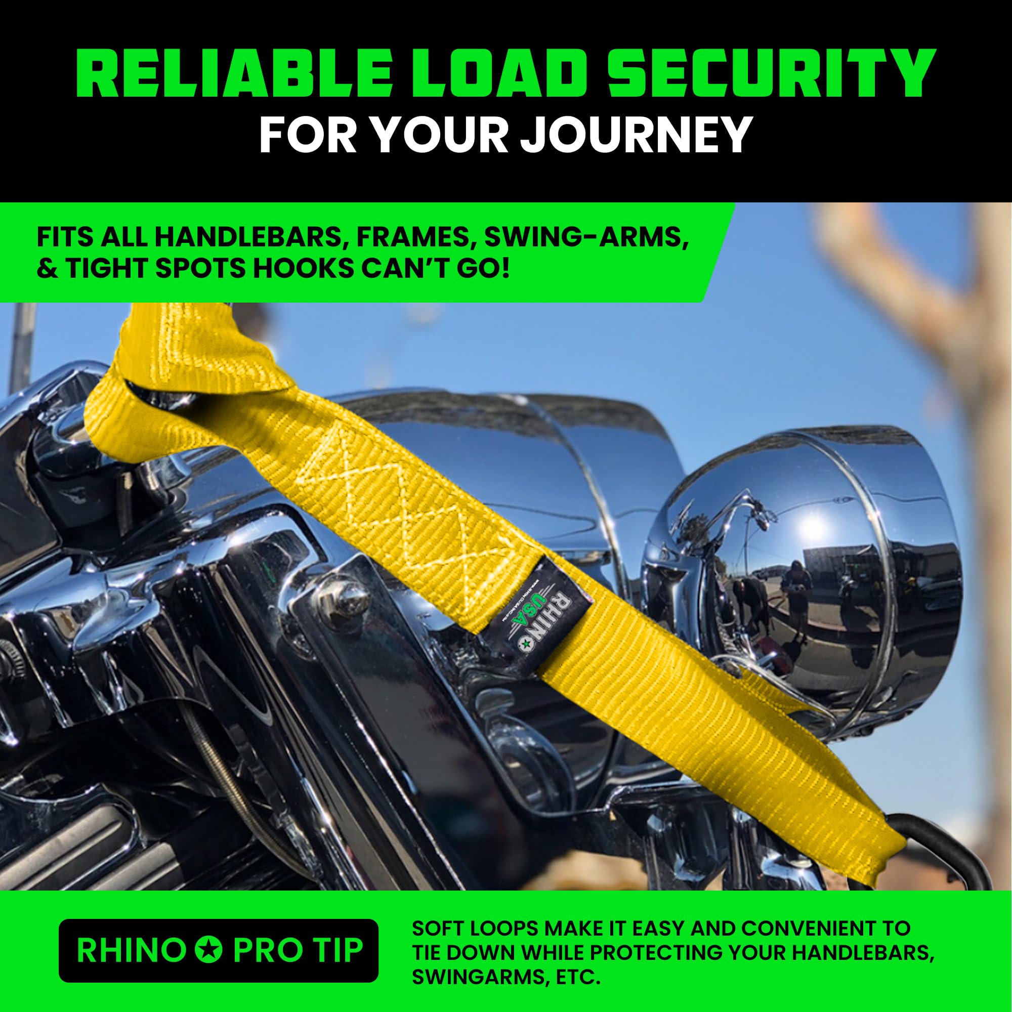 Rhino USA soft loop strap attached to ATV handlebar with ratchet.