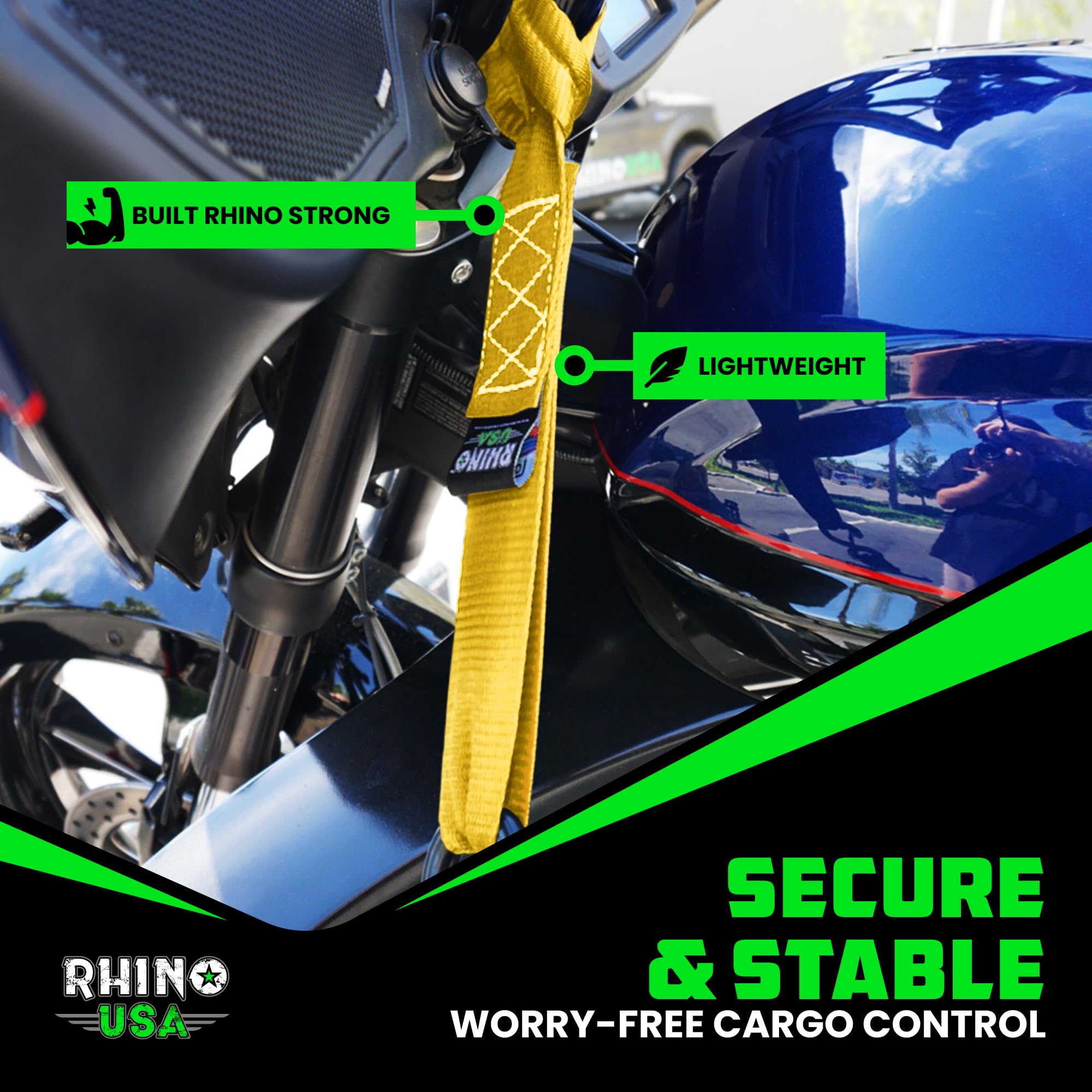Rhino USA soft loop strap in use on dirt bike for secure hold.