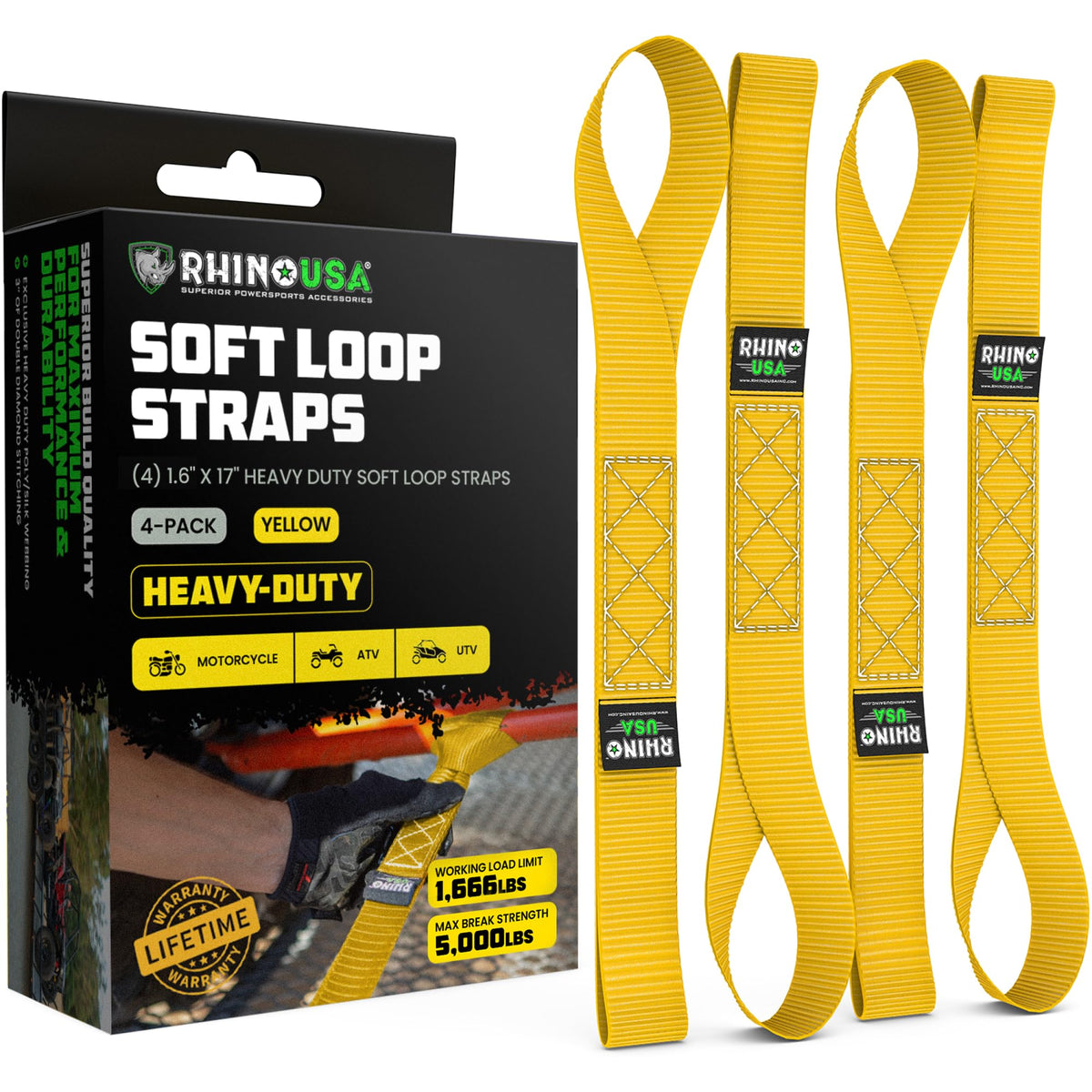 Rhino USA soft loop strap packaged in yellow for easy setup.