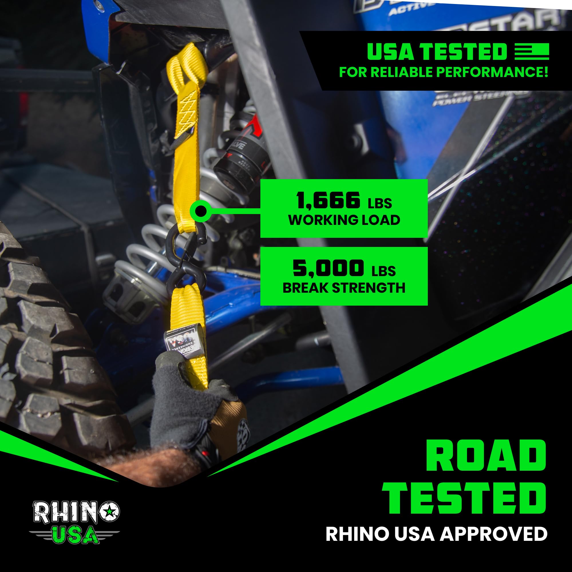 Rhino USA soft loop strap with ratchet setup shows quick tie-down.
