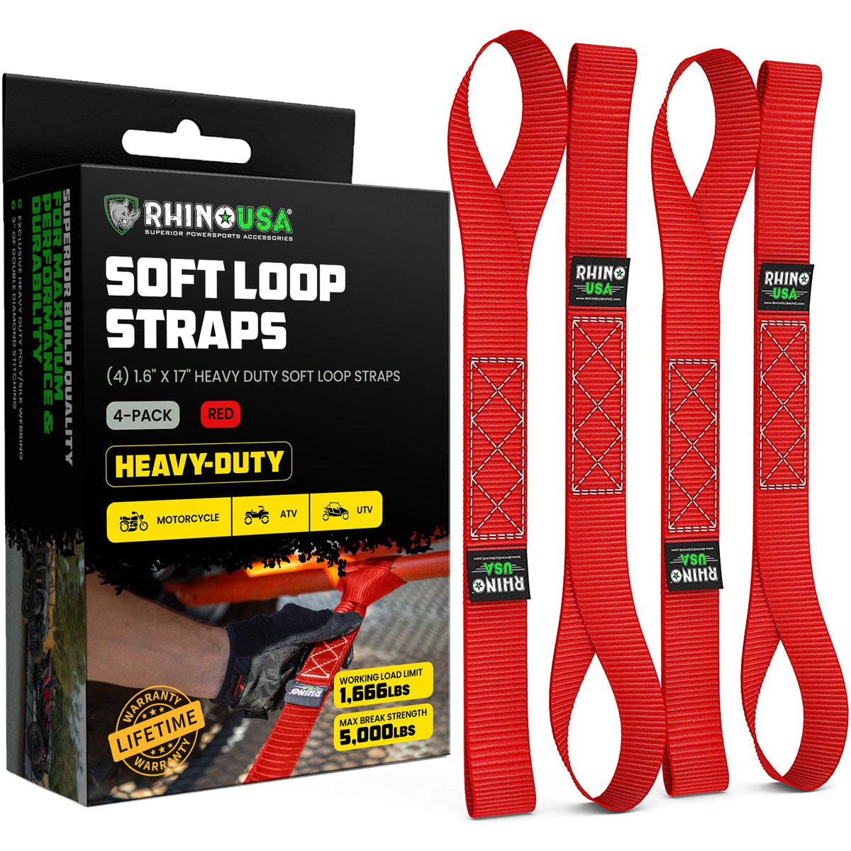 Rhino USA soft loop 4-pack front view with secure, paint-safe straps for trailer use.
