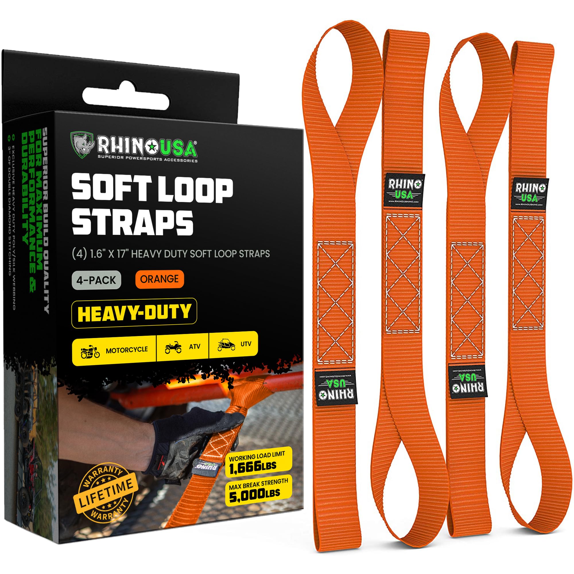 Rhino USA Soft Loop Tie Down on motorcycle handlebar for quick transport.