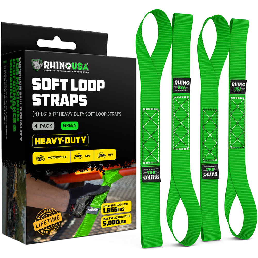 Rhino USA soft loop tie down secures motorcycle to trailer without paint damage.