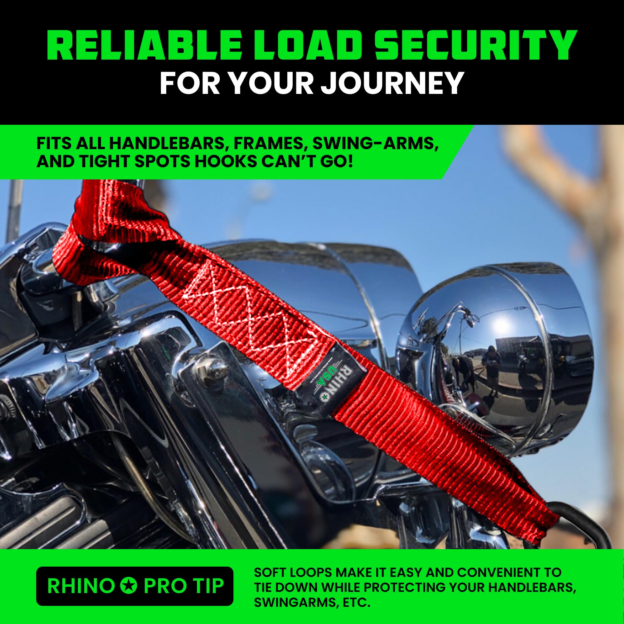 Rhino USA handlebar attachment view highlighting gentle grip that protects chrome and paint.