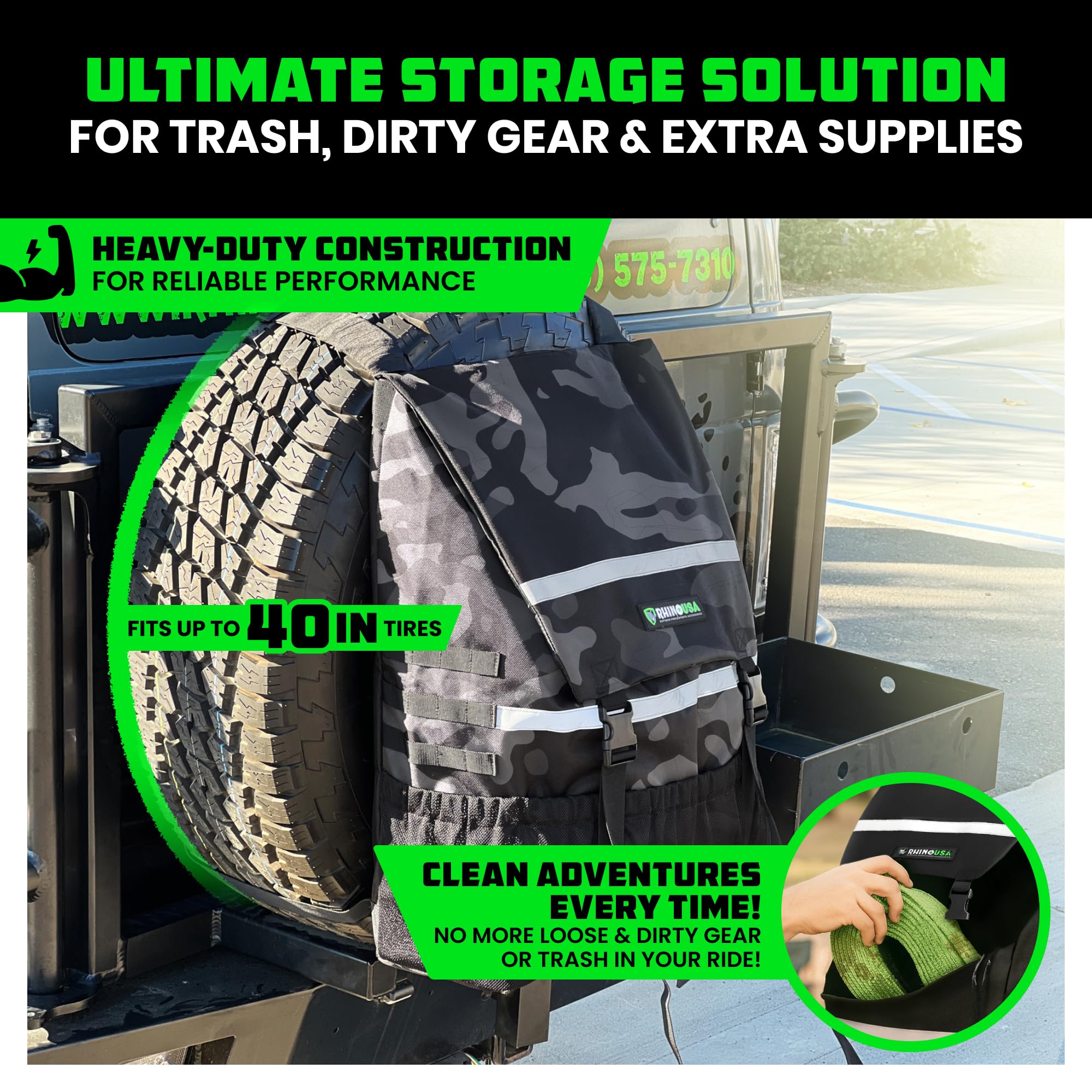 Rhino USA bag securely attached to a spare tire showing quick installation.
