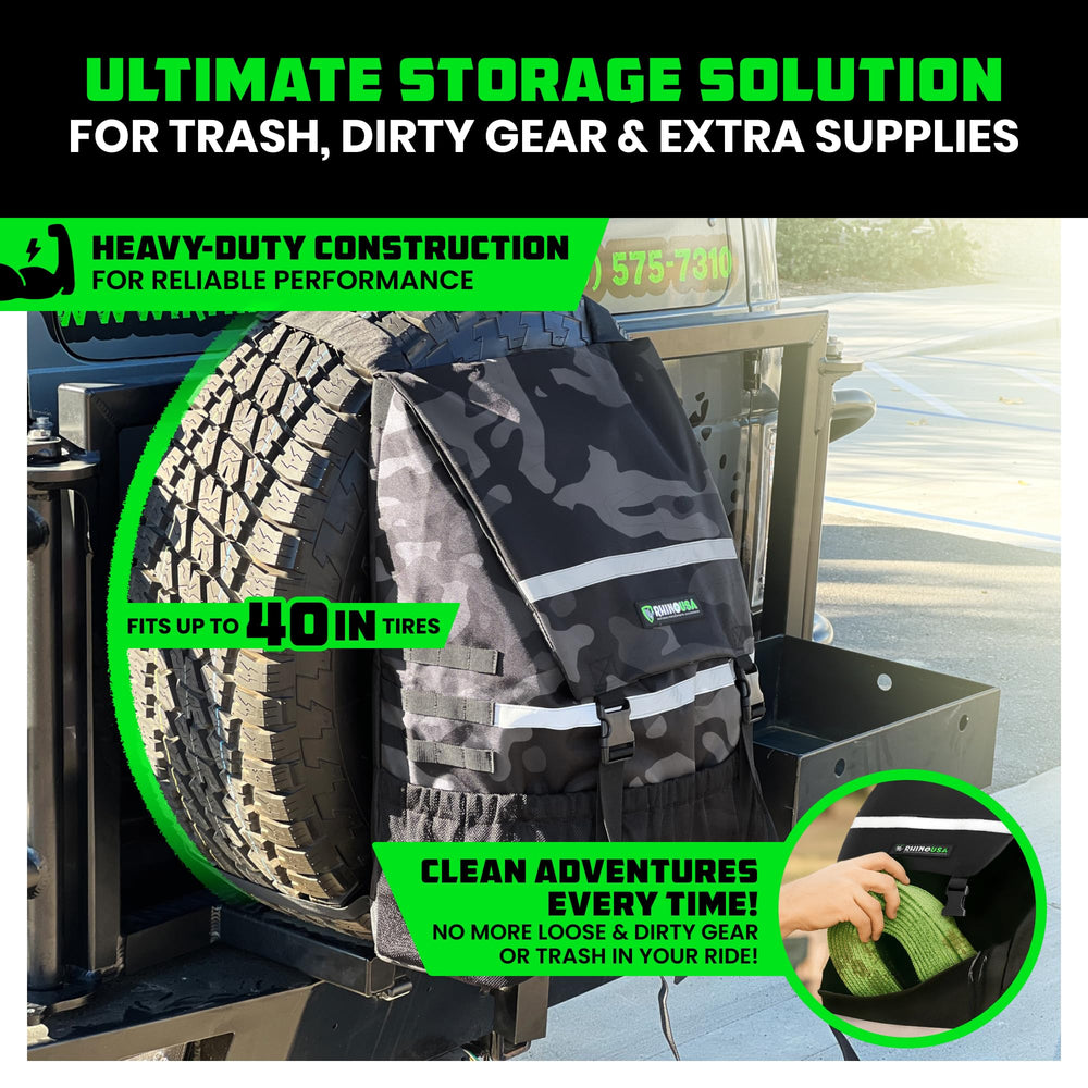 Rhino USA bag securely attached to a spare tire showing quick installation.