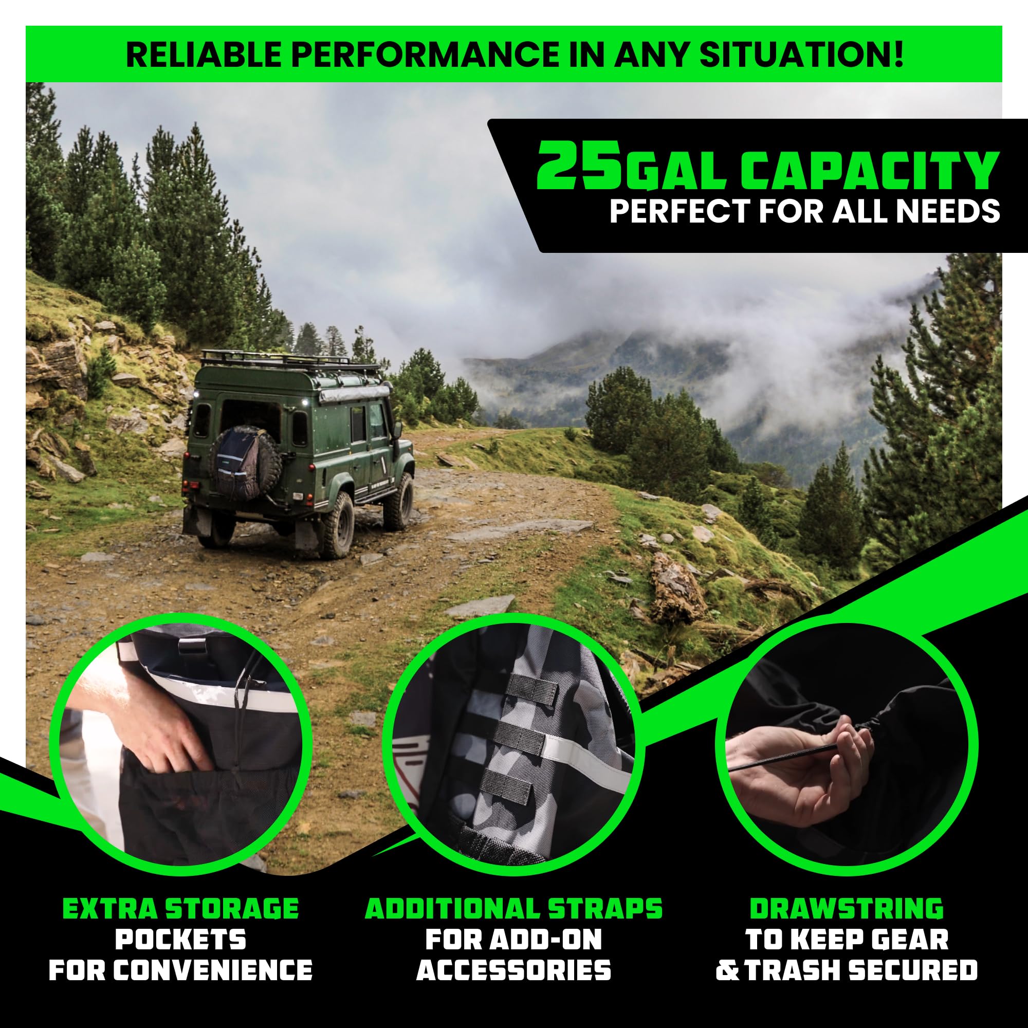 Rhino USA spare tire trash bag with side strap secures on rough terrain.