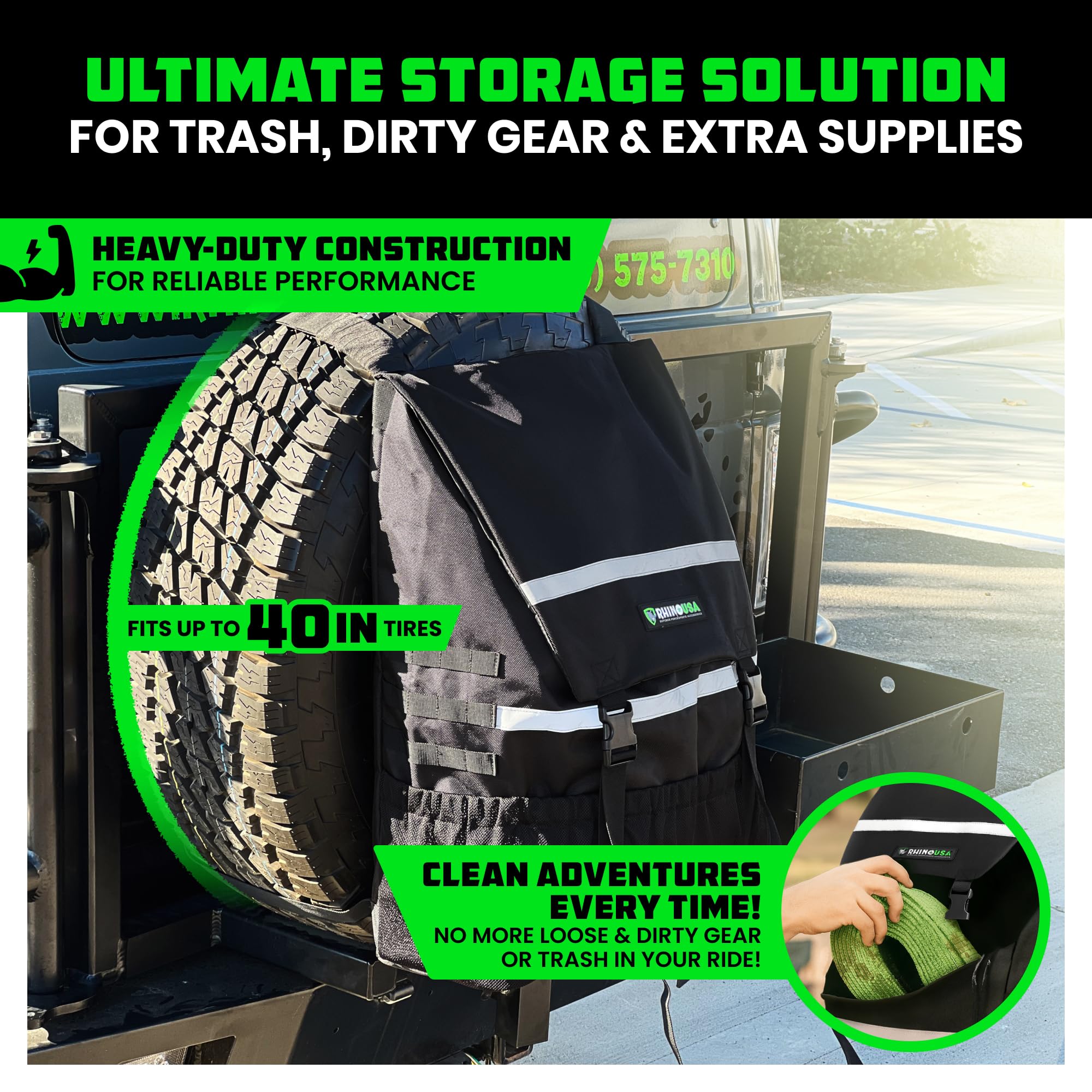 Rhino USA bag fits up to 40-inch tires for versatile storage.
