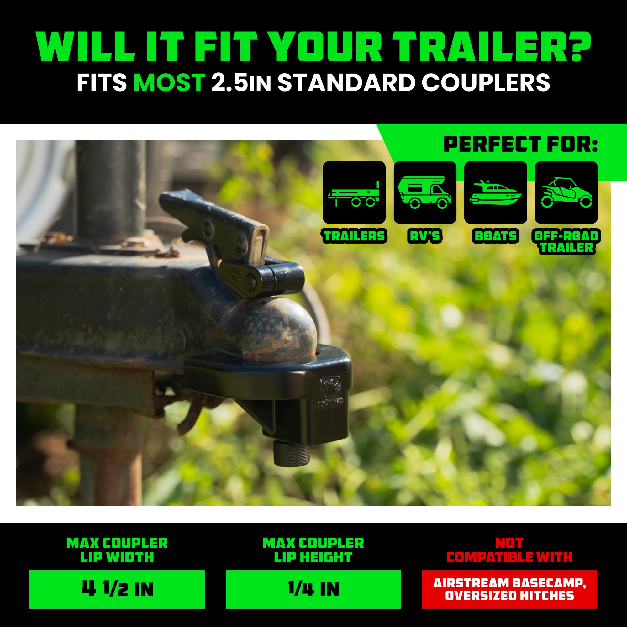 Rhino USA tamper-resistant trailer lock securing a trailer tongue area.