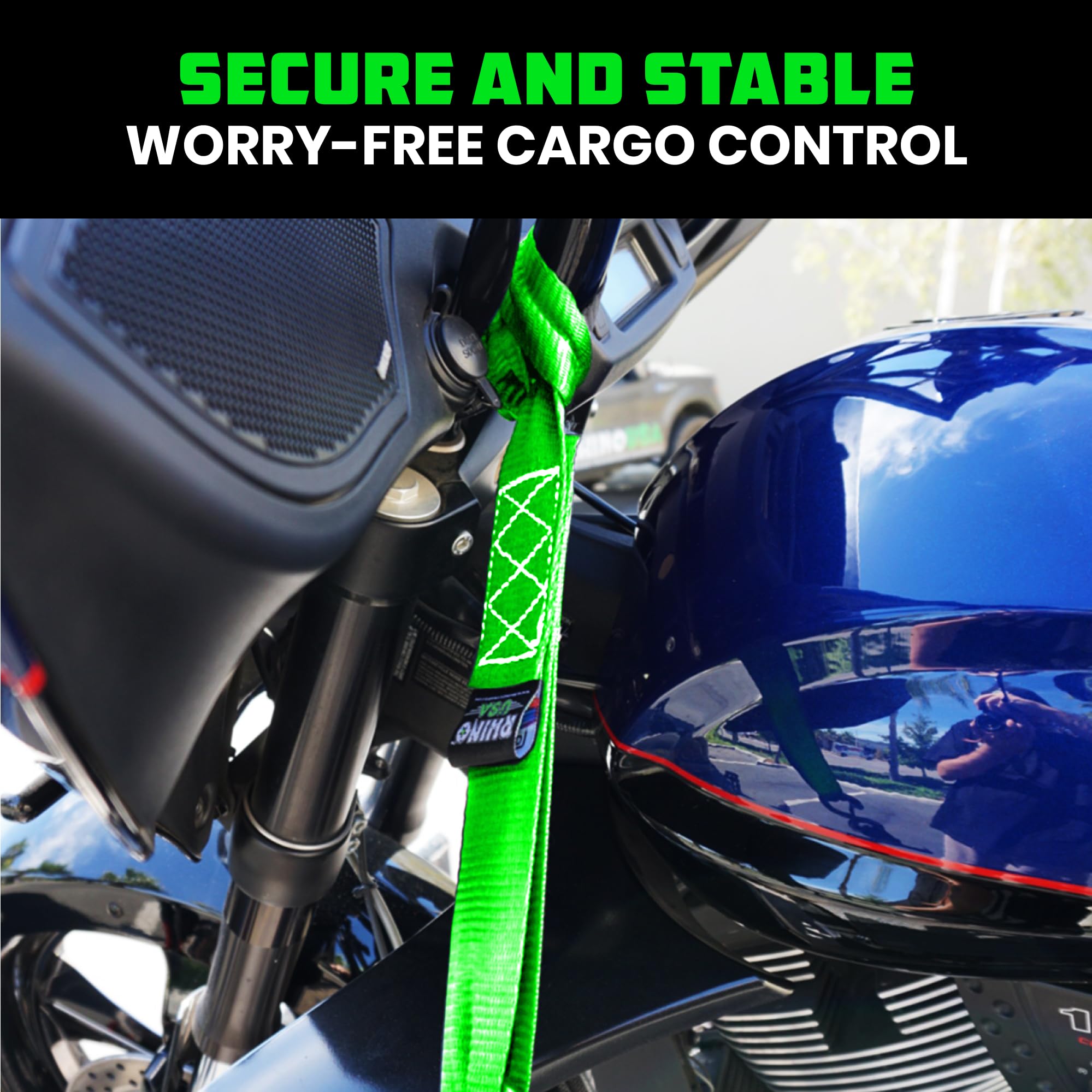Rhino USA tie down designed for ATV and dirt bike securement on trailers.